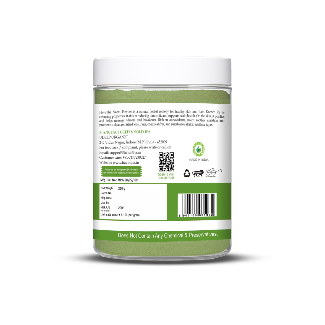Havintha Natural Neem Powder | For Antioxidant Benefits | For Hair &amp; Skin Care | 250 Grams (JAR)