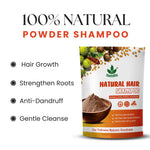 100% Natural Powder Shampoo packaging with ingredients and benefits
