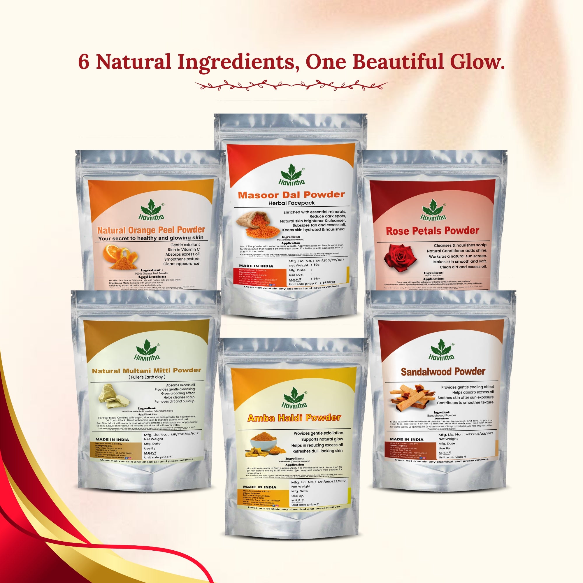Havintha Natural Face Pack Combo 300g | Multani Mitti, Sandalwood, Orange Peel, Rose Petal, Masoor Dal &amp; Amba Haldi | Herbal Skin Care