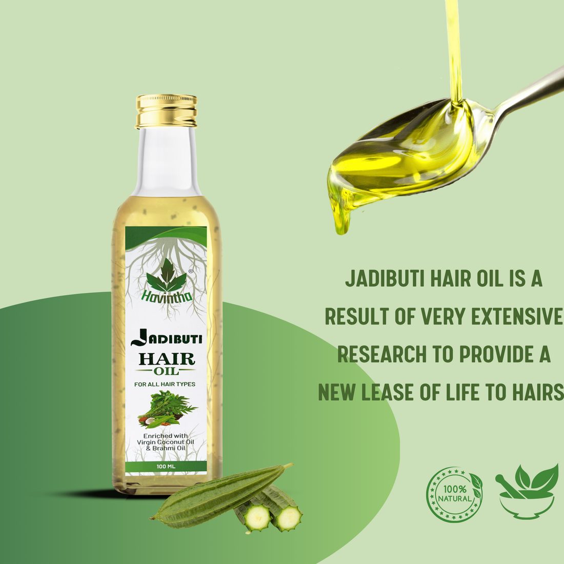 Havintha Natural Jadibuti Hair Oil For Hair Growth And Hair Fall Control With Tea Tree, Olive, Curry Leaves, Ridged Gourd, Almond, Jatamansi, Bhringraj, And Brahmi Oil - 100 ML
