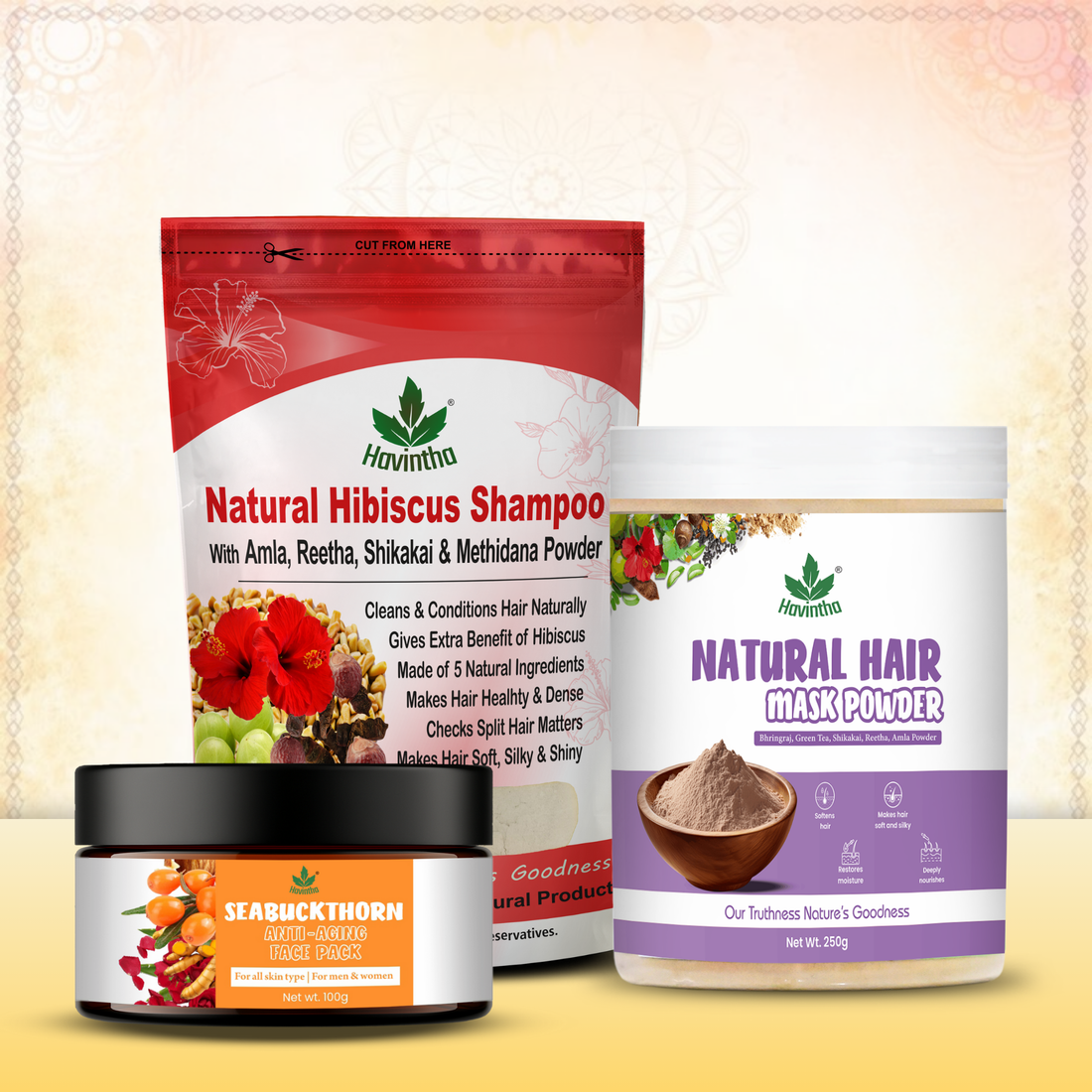 Seabuckthorn Anti-Aging Face Pack (100g) | Natural Hibiscus Powder Shampoo (227g) &amp; Havintha Natural Hair Mask (250g)
