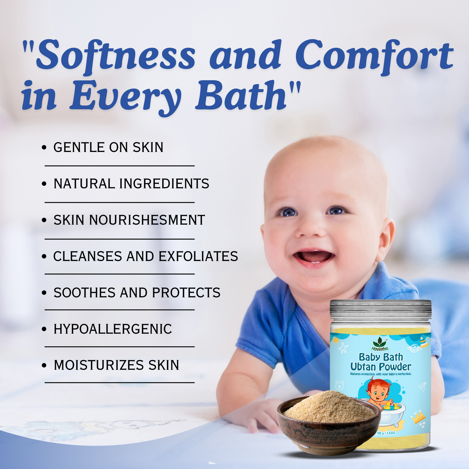 Havintha Natural Baby Bath Powder | Baby Bath Ubtan Powder | For Baby Glowing Skin | 250 Grams (JAR)