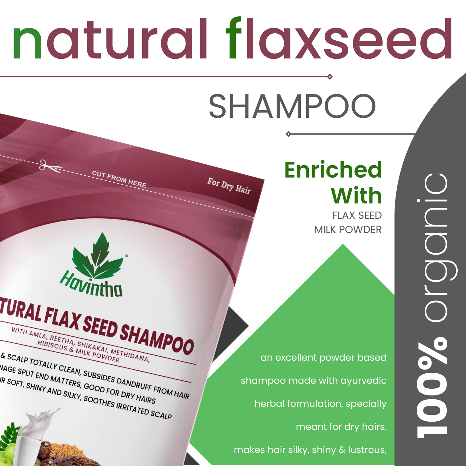 Havintha Natural Flaxseed Shampoo with Amla Reetha Shikakai Methidana Hibiscus and Milk Powder for Dry Hair - 227gm