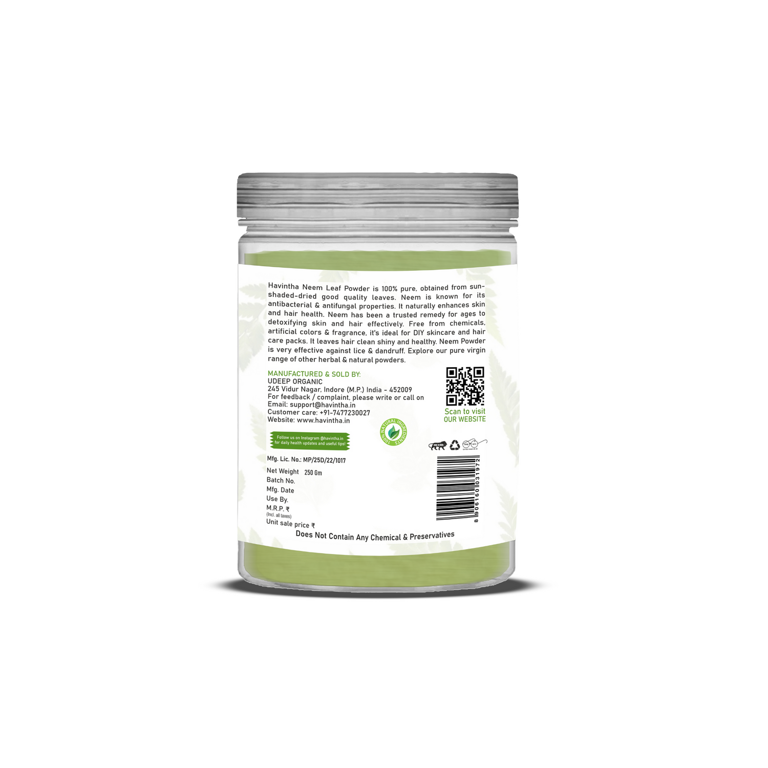 Havintha Natural Neem Powder | For Antioxidant Benefits | For Hair &amp; Skin Care | 250 Grams (JAR)