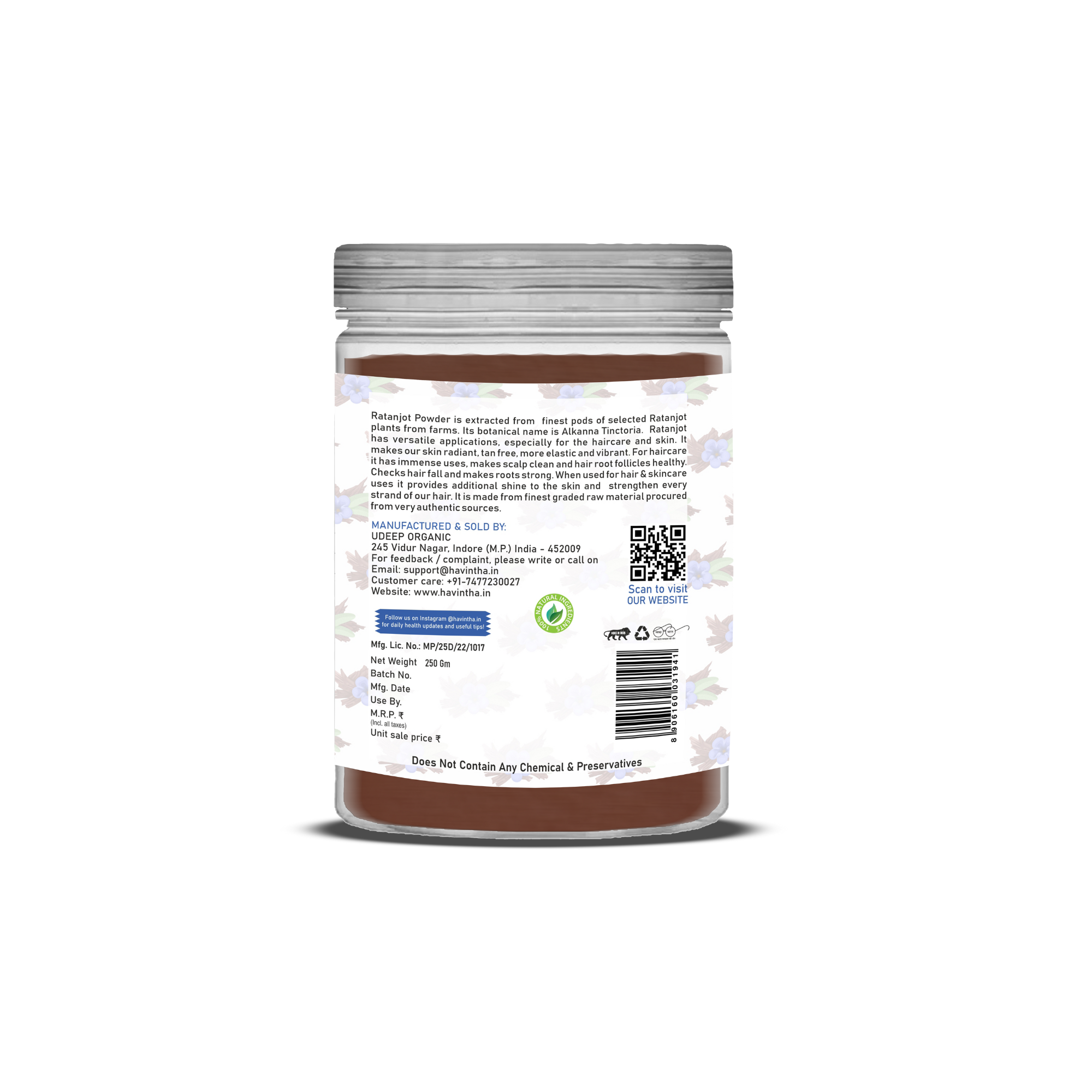 Havintha Natural Ratanjot Powder | For Strong Hair | For All Skin &amp; Scalp Infection  | 250 Grams (JAR)