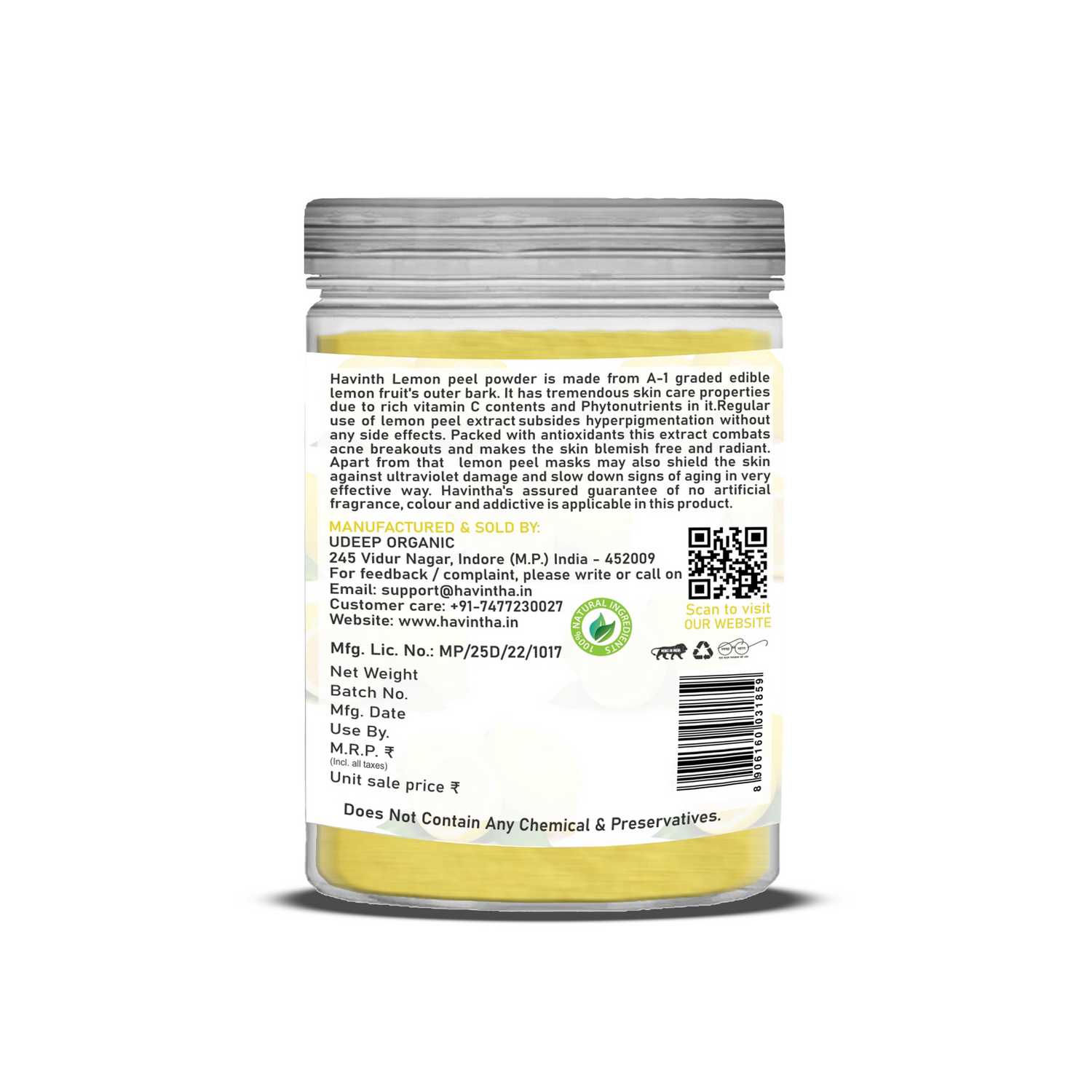 Havintha Natural Lemon Peel Powder | For Brighter Skin | Remove Dark Circles | 250 Grams (JAR)