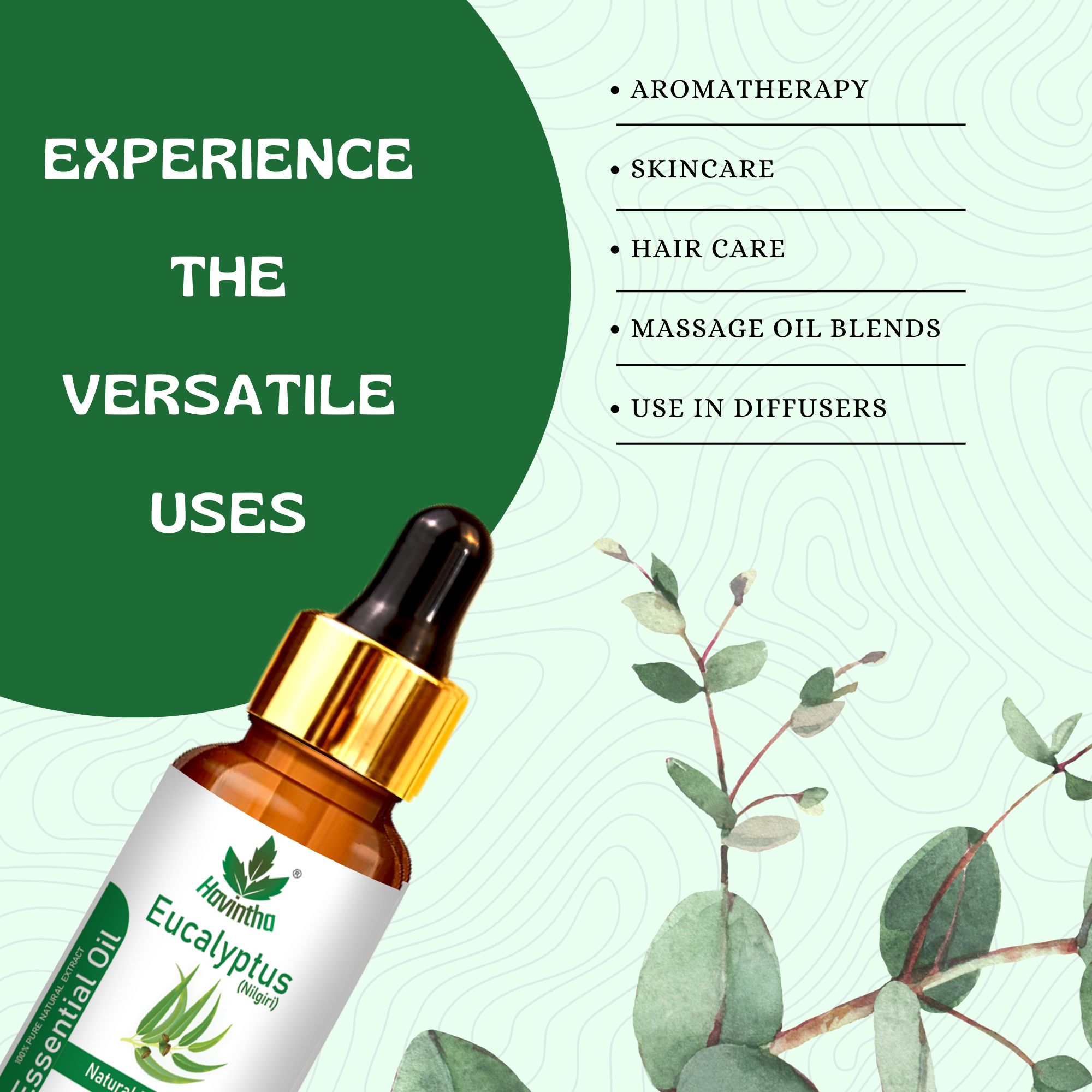 Havintha Pure and Organic Eucalyptus Essential Oil for Skin, Hair and Aromatherapy - 15 ml.