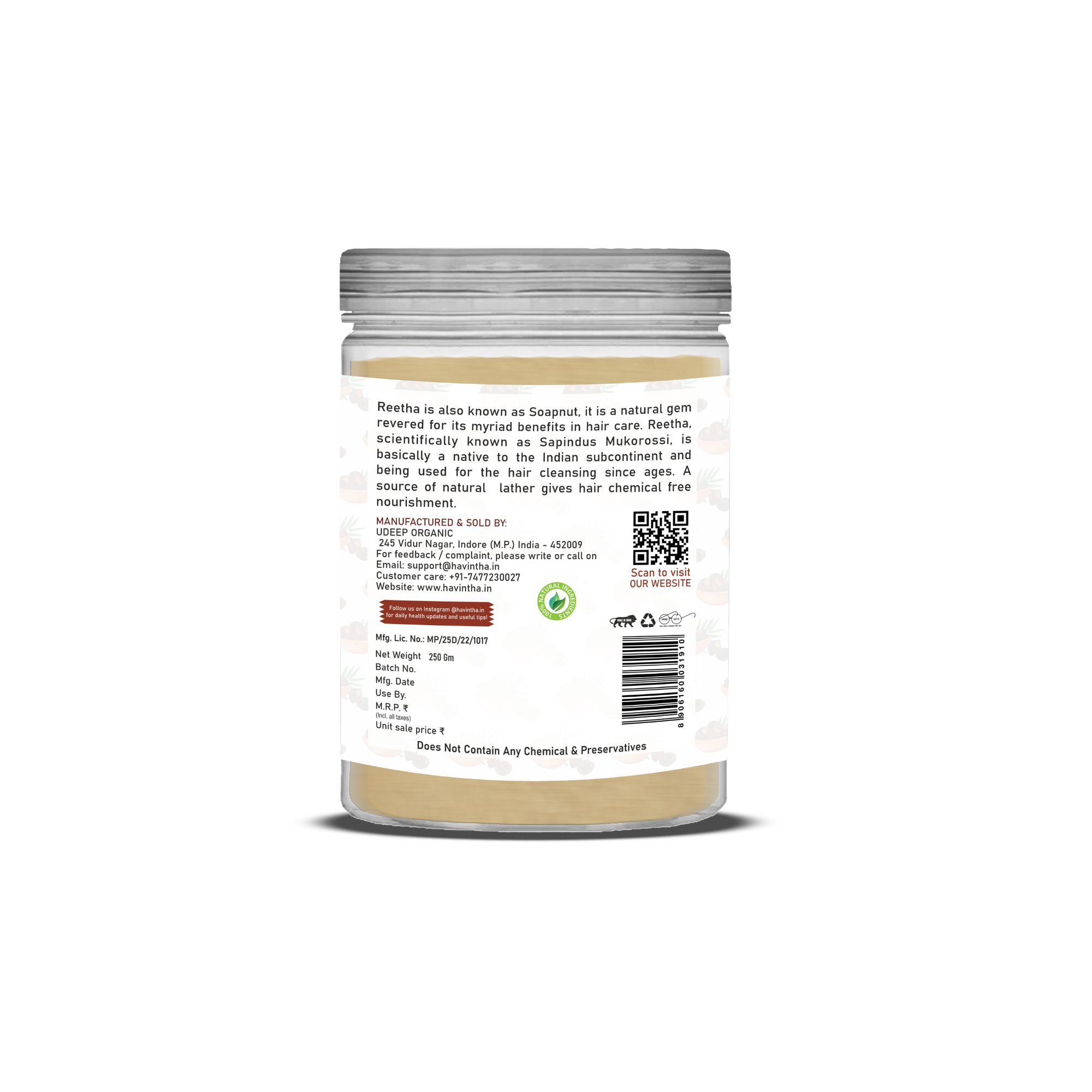 Havintha Natural Reetha Powder For Shiny Hair | Hair Care Powder | 250 Grams (JAR)