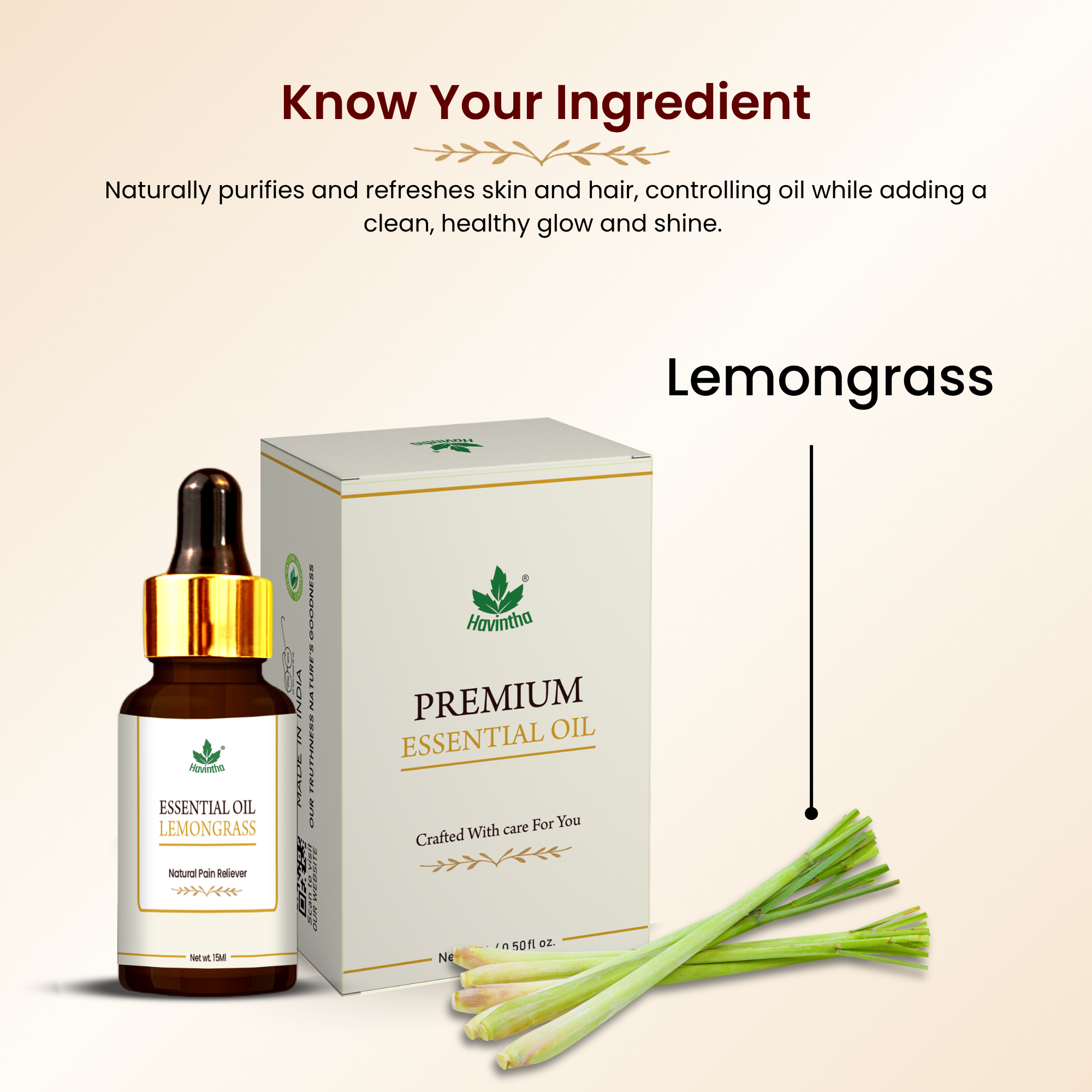 Havintha Lemongrass Essential Oil for Skin Health and Stress Reliever - Pure and Organic Product - 15 ml.