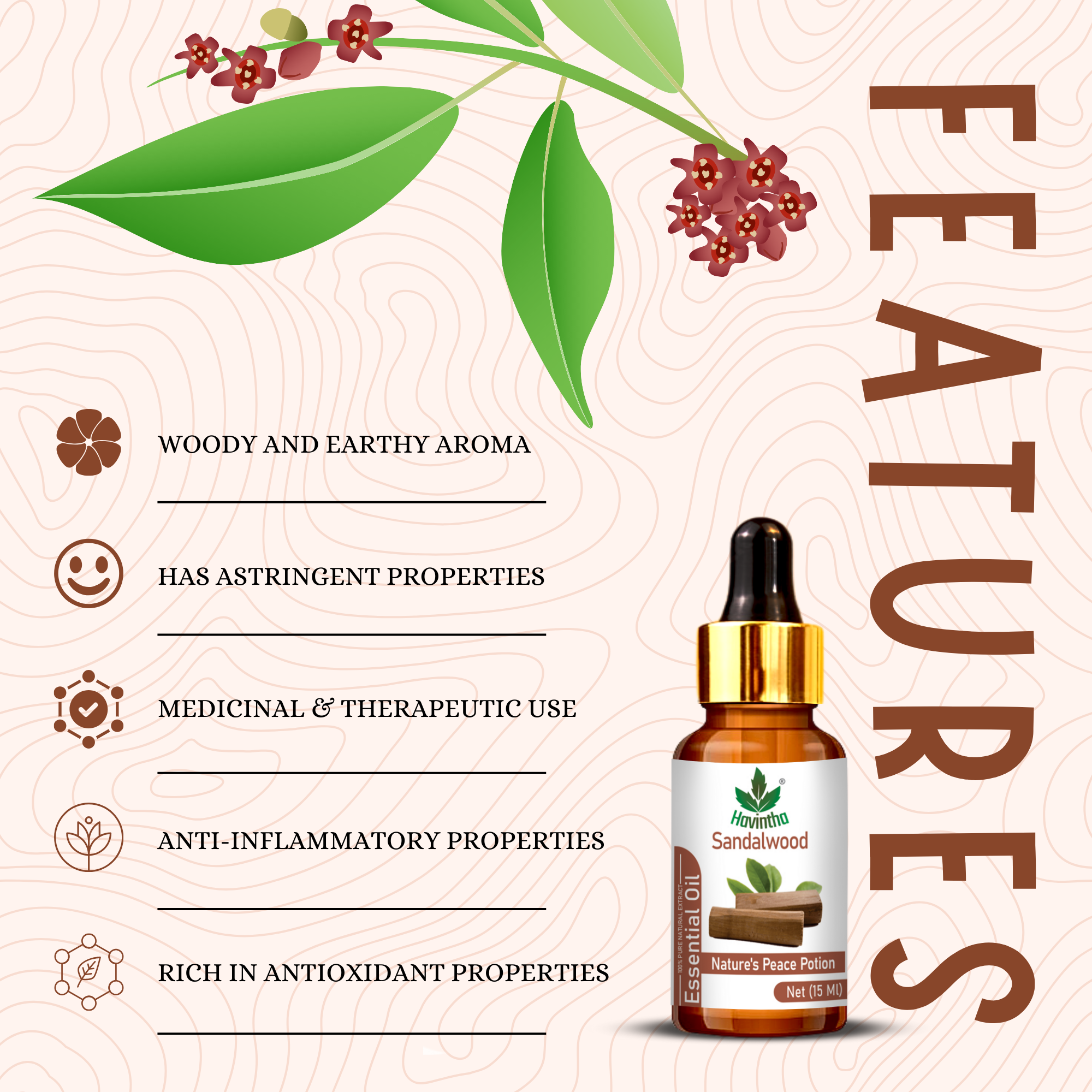 Havintha Sandalwood Essential Oil For Stress Reduction, Hair Care, Skin Care and Mental Alertness | Pure Aroma - 15 ml.