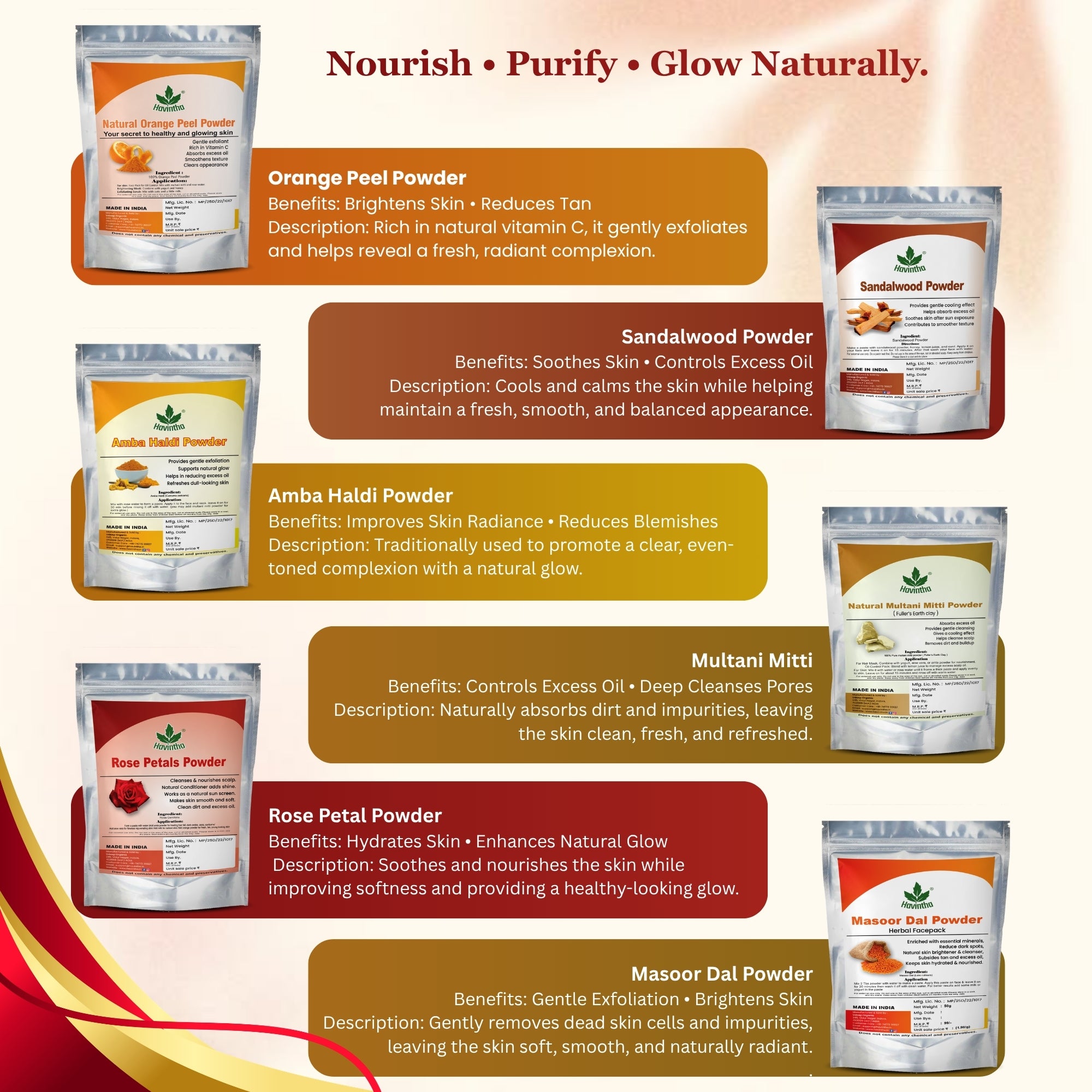 Havintha Natural Face Pack Combo 300g | Multani Mitti, Sandalwood, Orange Peel, Rose Petal, Masoor Dal &amp; Amba Haldi | Herbal Skin Care