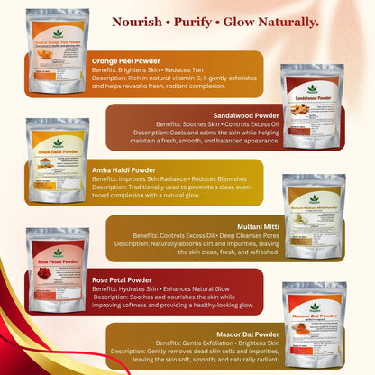 Havintha Natural Face Pack Combo 300g | Multani Mitti, Sandalwood, Orange Peel, Rose Petal, Masoor Dal &amp; Amba Haldi | Herbal Skin Care