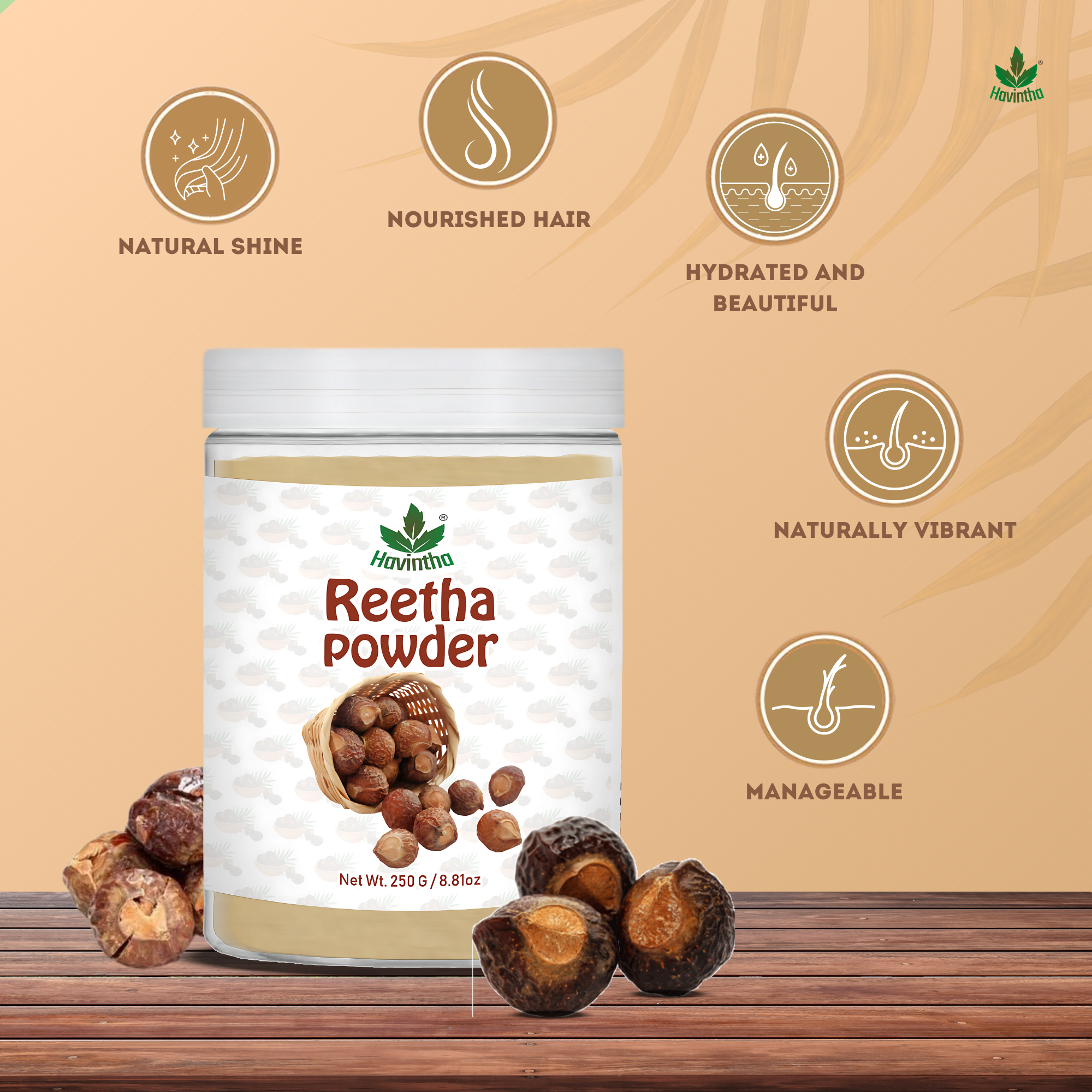 Havintha Natural Reetha Powder For Shiny Hair | Hair Care Powder | 250 Grams (JAR)