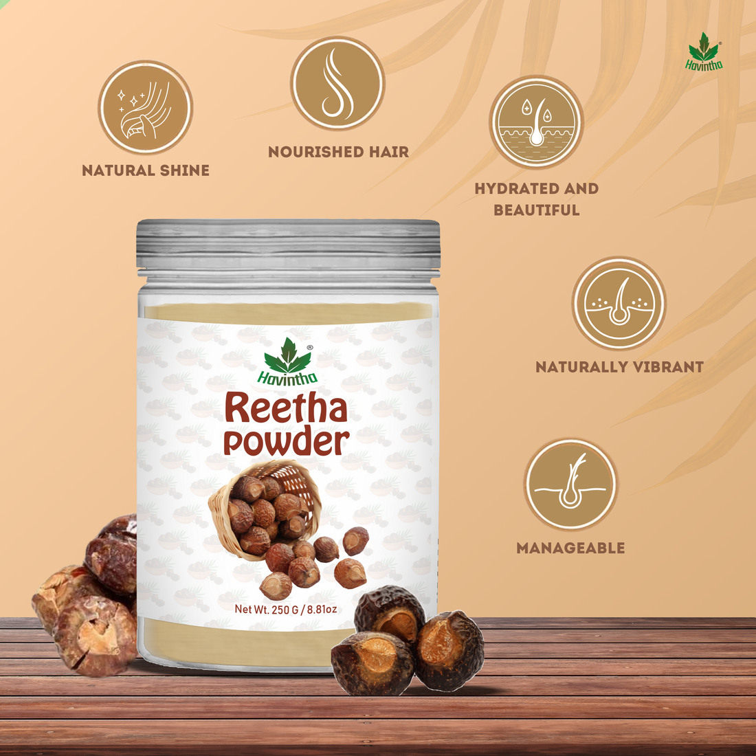 Havintha Natural Reetha Powder For Shiny Hair | Hair Care Powder | 250 Grams (JAR)