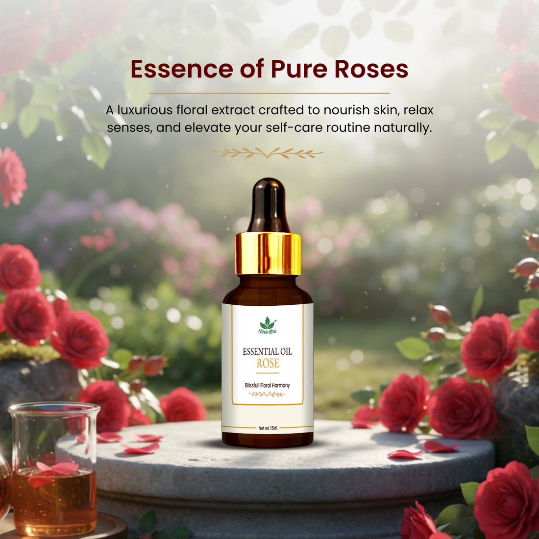 Havintha Rose Essential Oil For Hair, Skin and Stress Reduction | Pure and Organic Aroma - 15 ml.