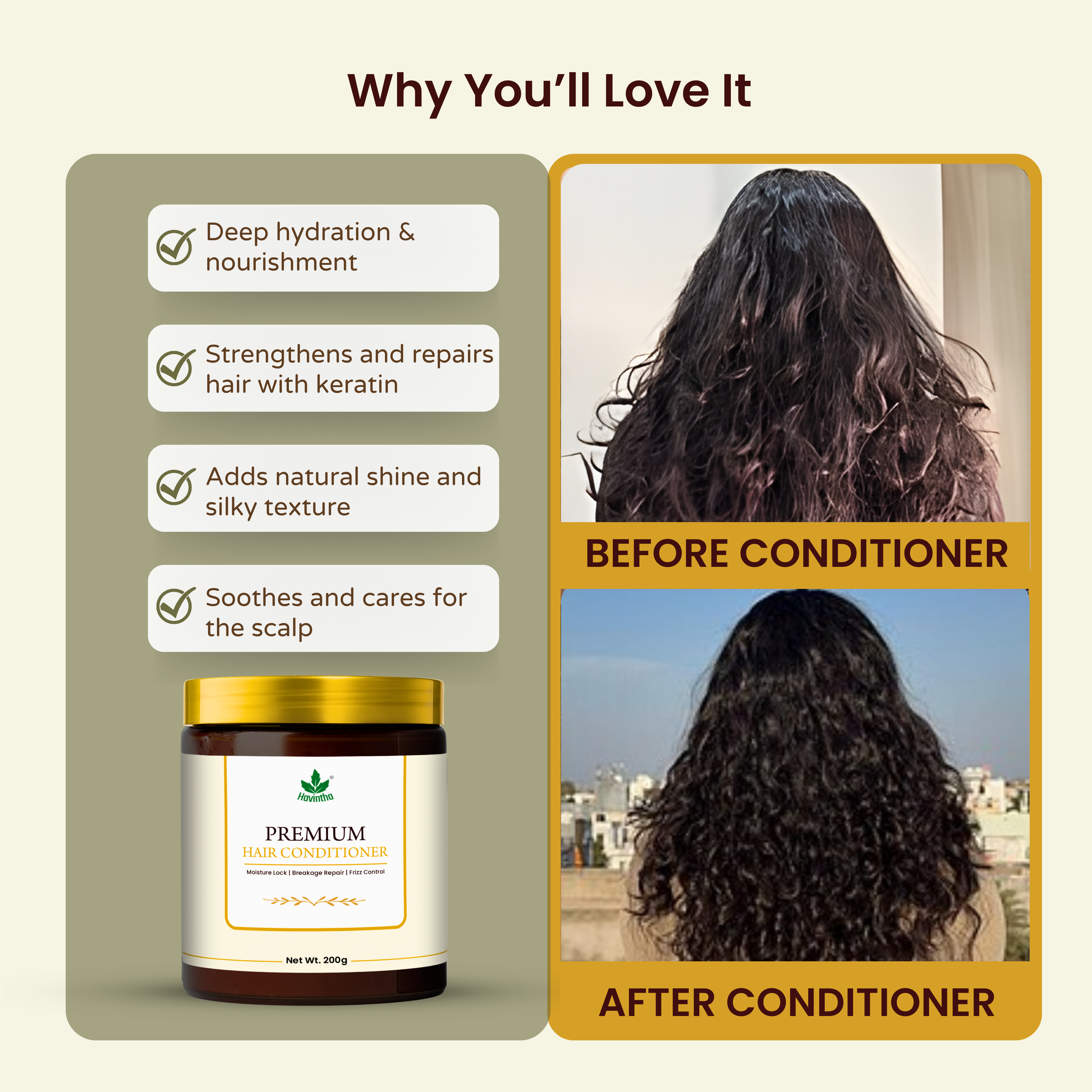 Havintha Premium Hair Conditioner 200g | Advanced Herbal Formula for Moisture Lock, Breakage Repair &amp; Frizz Control | Aloe Vera, Coconut, Keratin &amp; Xanthan Gum for Smooth, Strong, Shiny Hair
