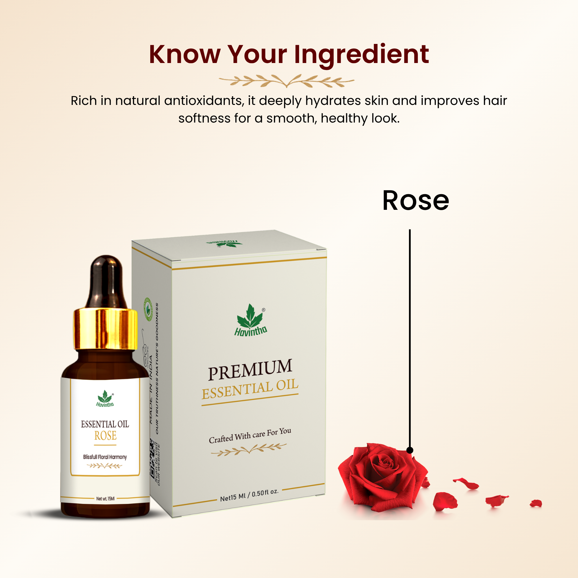 Havintha Rose Essential Oil For Hair, Skin and Stress Reduction | Pure and Organic Aroma - 15 ml.