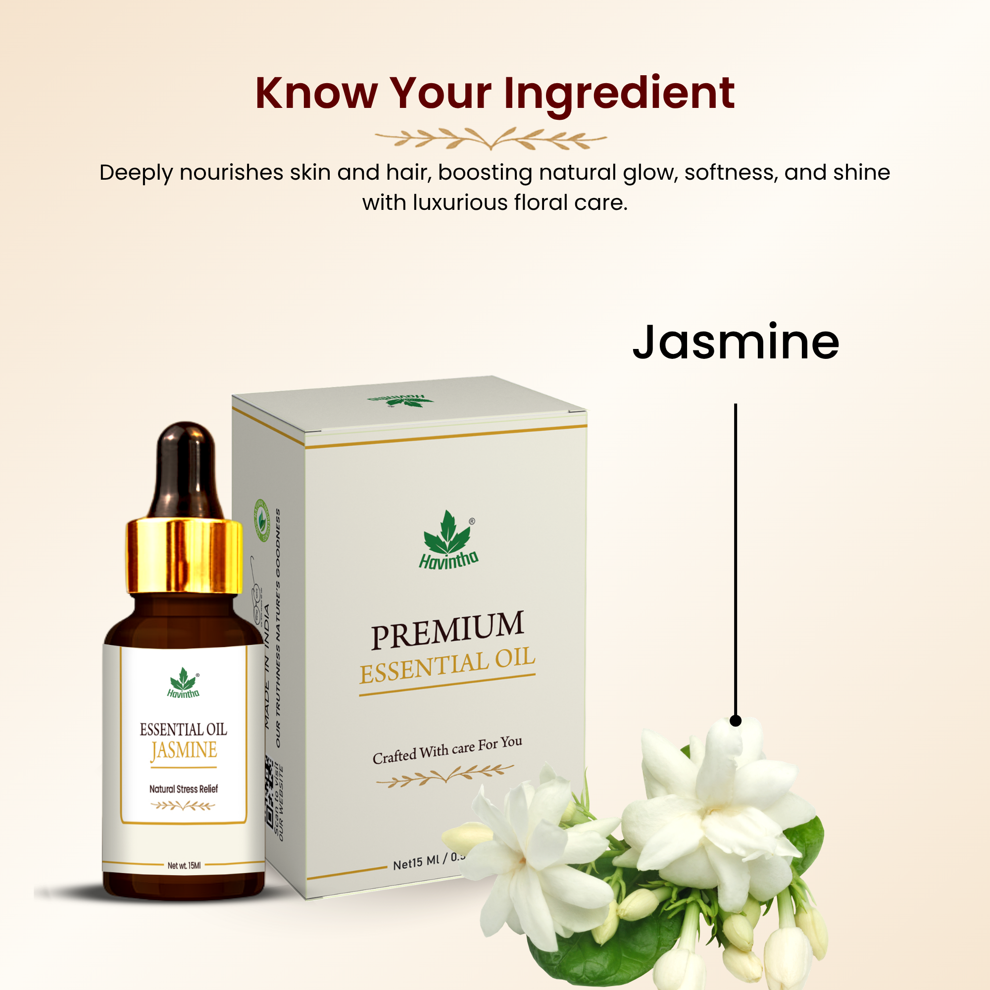 Havintha Pure and Organic Jasmine Essential Oil for Skin, Hair and Aromatherapy - 15 ml.
