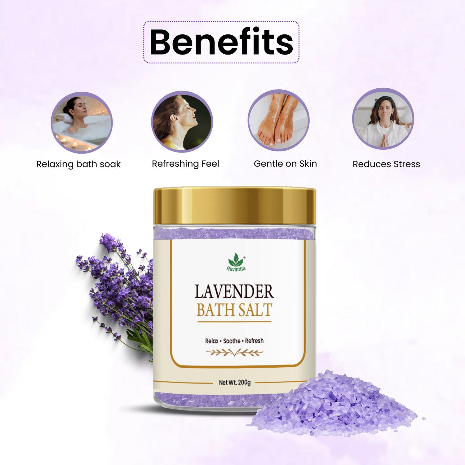 Havintha Lavender Bath Salt for Relaxation &amp; Stress Relief | Aromatherapy Spa, Muscle Pain Relief, Body Detox, Soothing, Foot | Natural Epsom Bath Salts with Lavender Essential Oil &amp; Pink Salt - 200gm