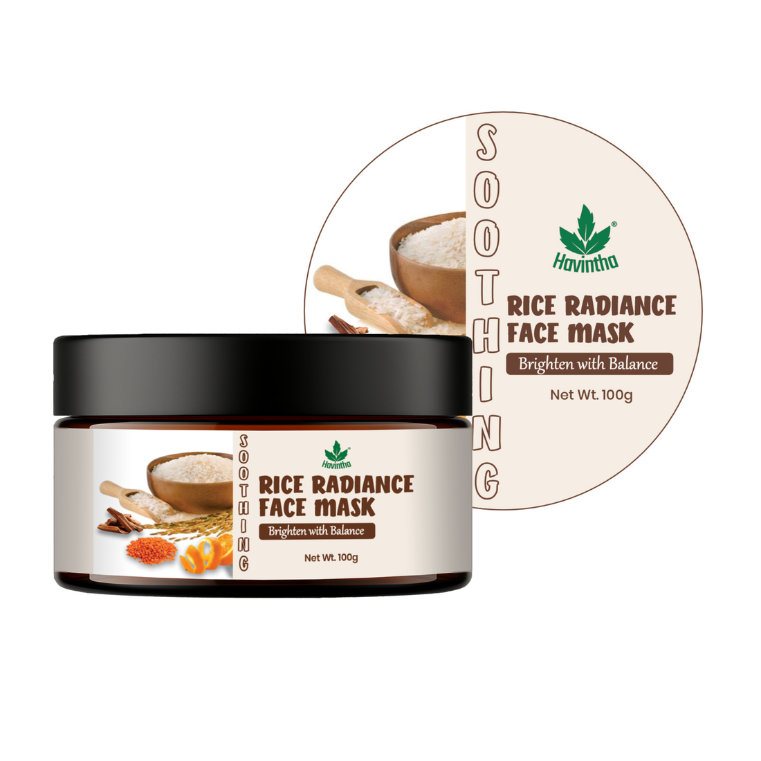 Havintha Natural Rice Radiance Face Mask Powder for Glowing Skin, Tan Removal &amp; Skin Brightening | Herbal Rice Flour Face Pack for Oil Control, Acne Reduce | Ubtan Powder for Face Tone, Smooth - 100g
