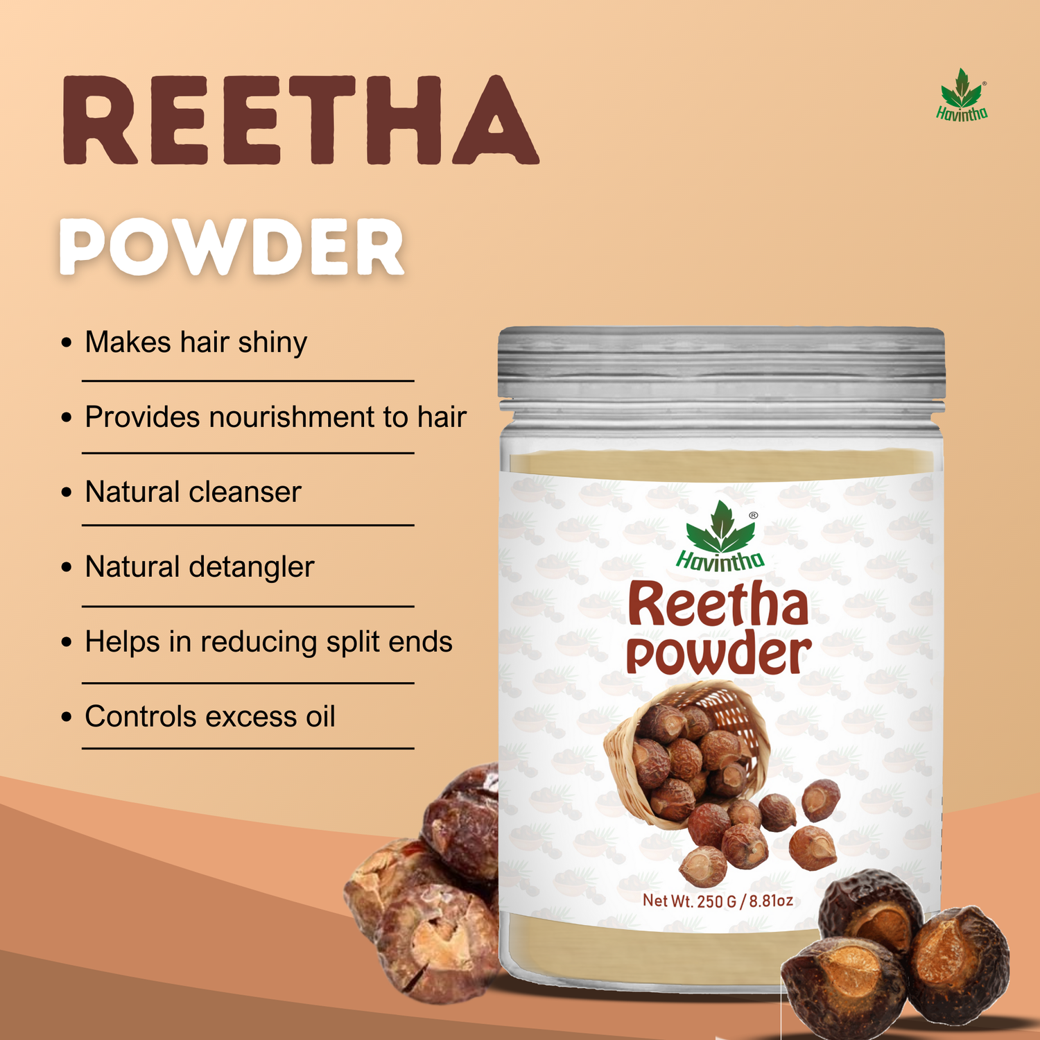 Havintha Natural Reetha Powder For Shiny Hair | Hair Care Powder | 250 Grams (JAR)