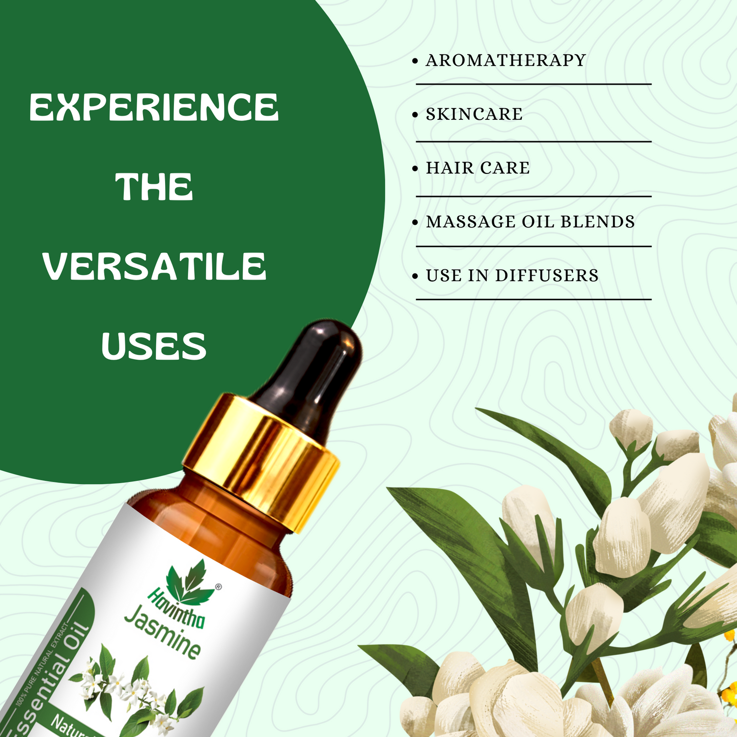 Havintha Pure and Organic Jasmine Essential Oil for Skin, Hair and Aromatherapy - 15 ml.