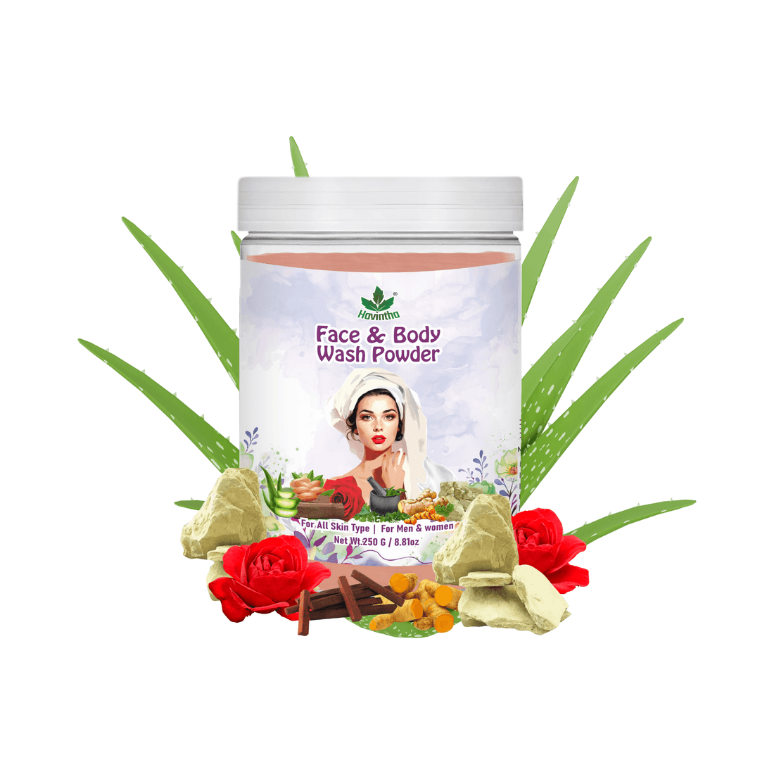 Havintha Natural Face &amp; Body Wash Powder | For Glowing &amp; Shiny Skin | 250 Grams (JAR)