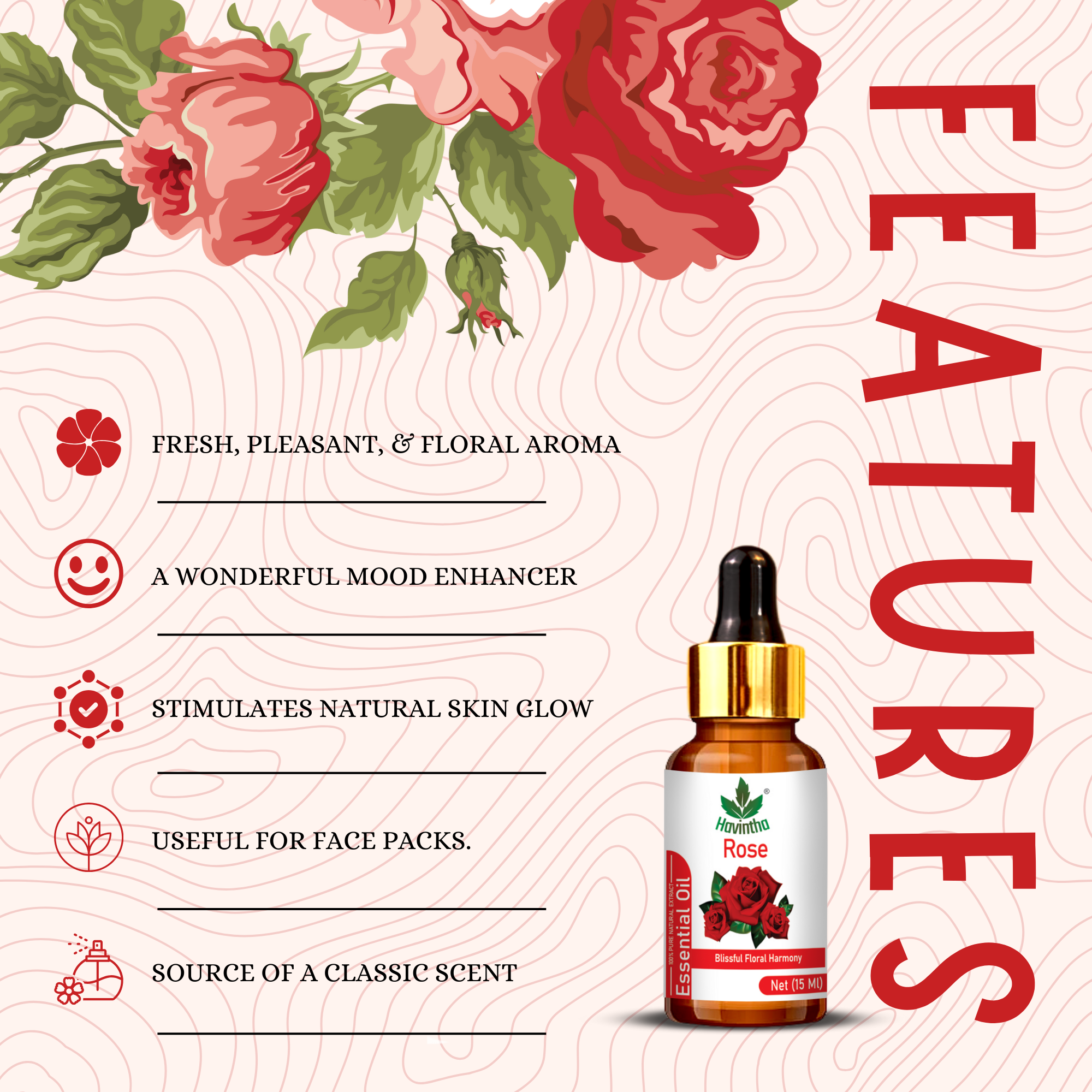 Havintha Rose Essential Oil For Hair, Skin and Stress Reduction | Pure and Organic Aroma - 15 ml.