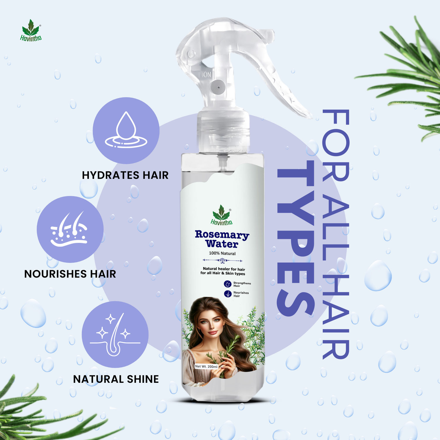 Havintha Natural Rosemary Water Spray for Hair Growth, Reduce Hairfall (200 ml) | Rosemary Hair Mist | Adds Shine, Strengthens &amp; Nourishes Hair | For Men &amp; Women, All Hair Types