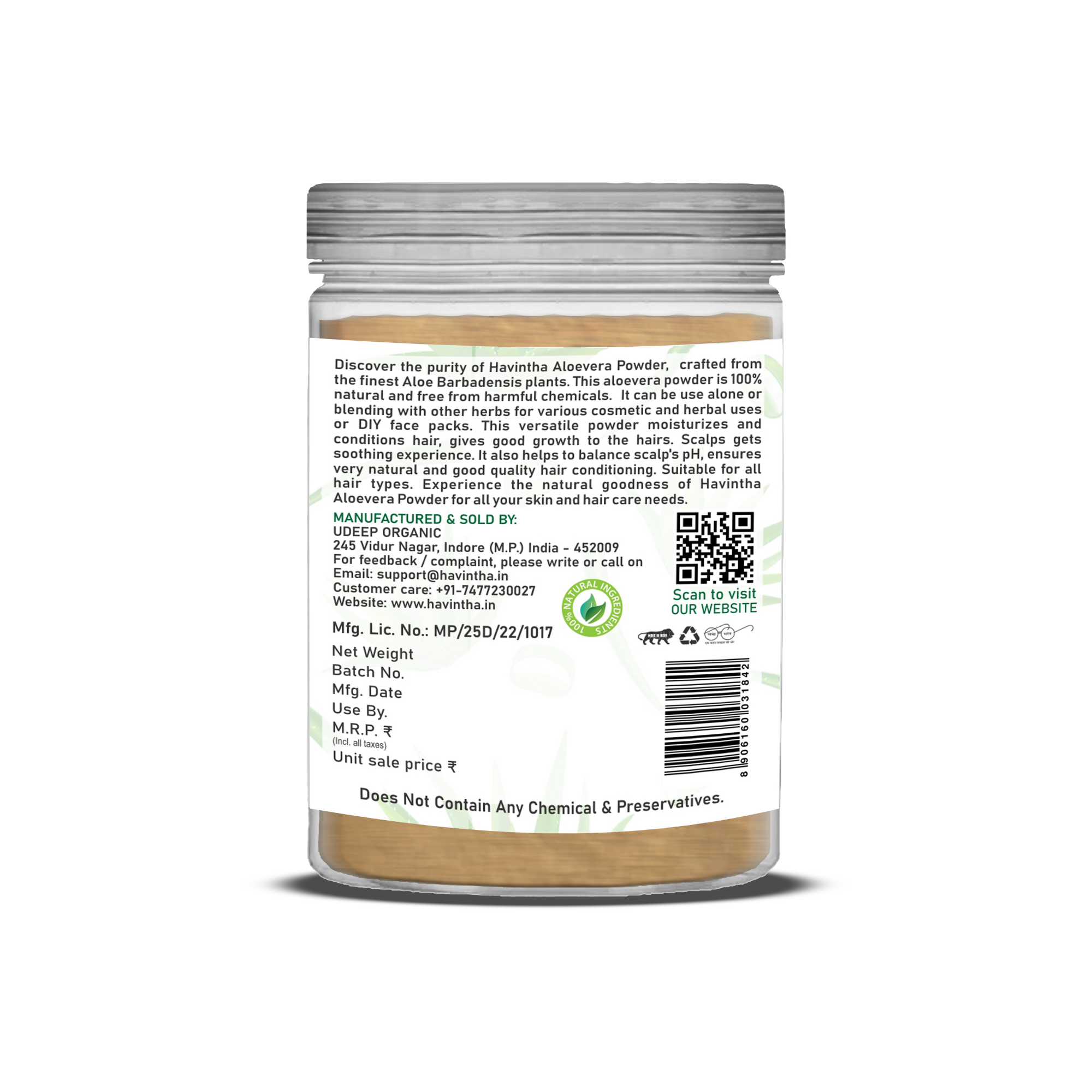 Havintha Natural Aloevera Powder for clean skin | For Glowing Skin | Natural Face Care | 250 Grams (JAR)