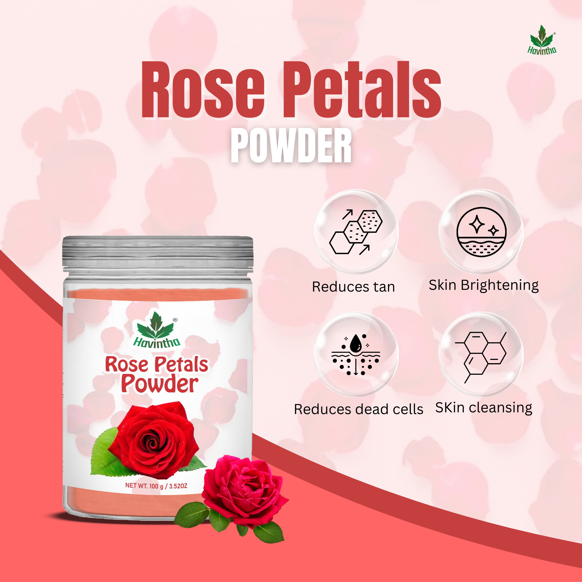 Havintha Natural Rose Petals Powder | For Skin Brightening | 250 Grams (JAR)