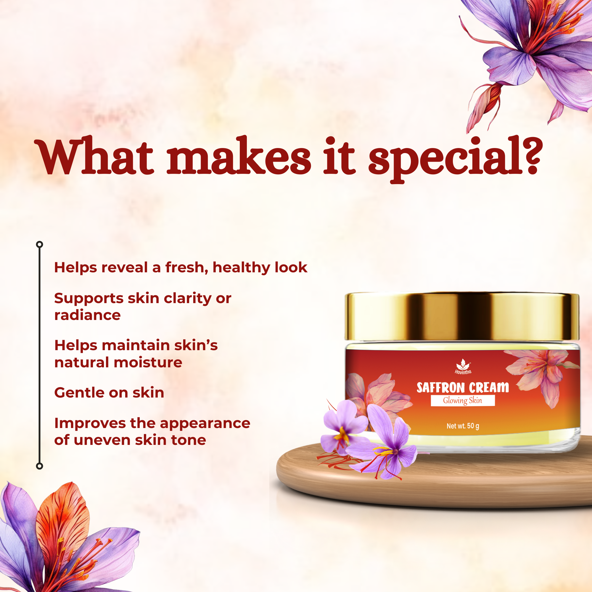 Havintha Natural Saffron Cream for Face Glow, Radiance and Brightening | Herbal Face Cream for Skin Whitening, Anti-Aging, Dark Spots Removal, Pigmentation, Moisturizing &amp; Even Skin Tone - 50g