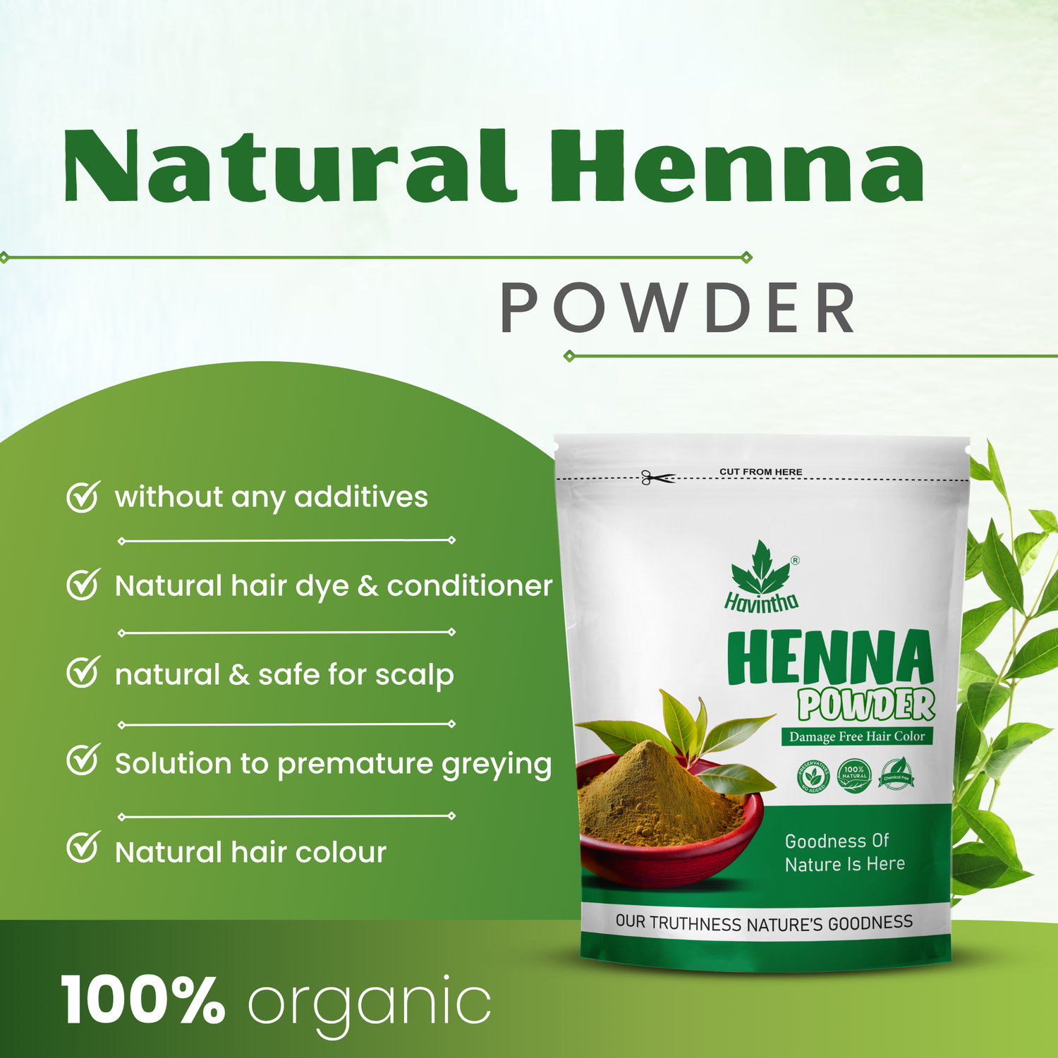 Havintha Natural Indigo Powder (200g) &amp; Henna Powder (200g) Combo for Natural Black Hair Color