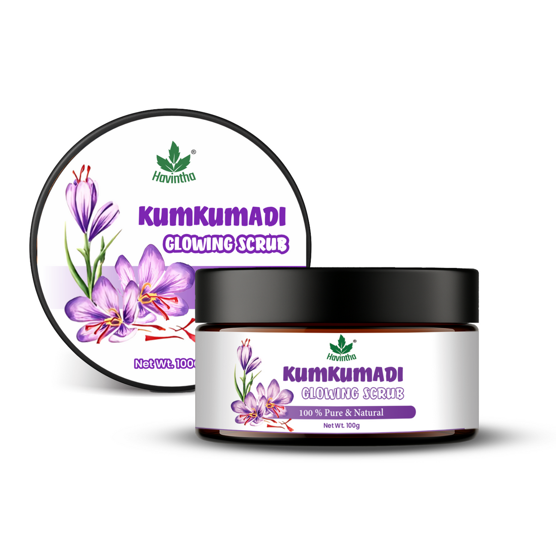 Havintha Natural Kumkumadi Glowing Skin Scrub Powder – Herbal Formulation | Brightening &amp; Revitalizing Face Scrub | Helps Tan &amp; Dead Skin - Suitable for All Skin Types | For Men &amp; Women - 100gm