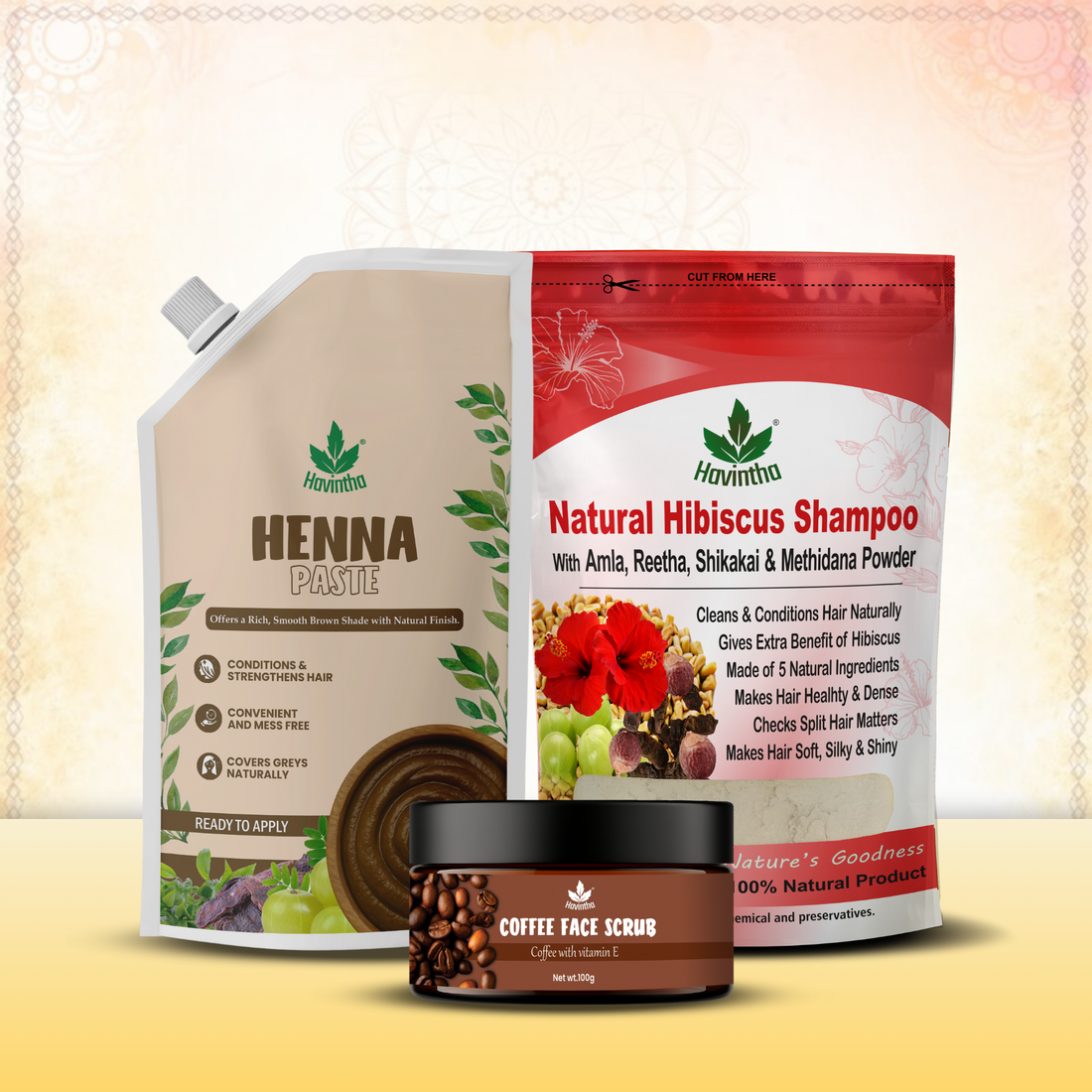 Natural Hibiscus Powder Shampoo (227g) | Havintha Natural Henna Paste (200g) &amp; Coffee Face Scrub (100g)
