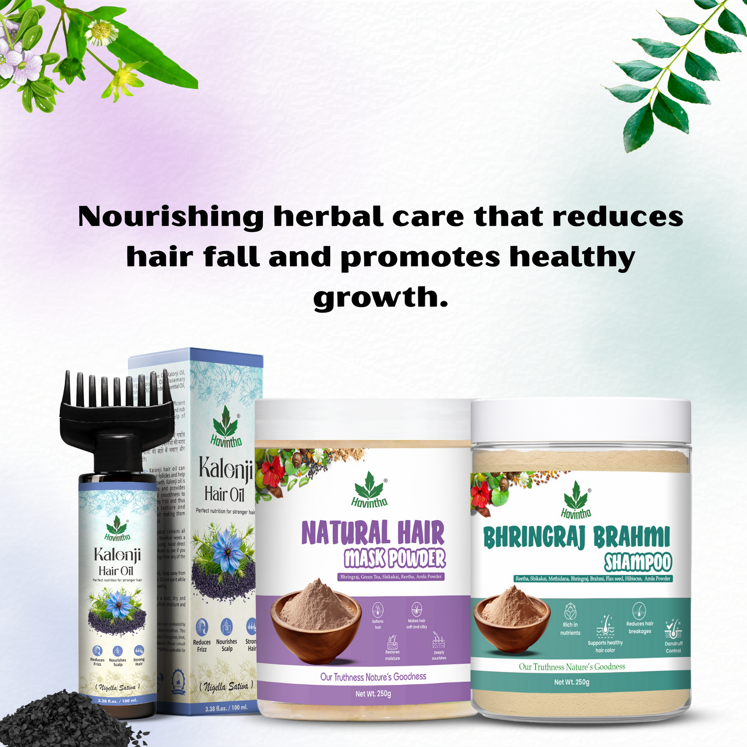 Natural Bhringraj &amp; Brahmi Powder Shampoo (250g) | Havintha Natural Kalonji Hair Oil (100ml) &amp; Havintha Natural Hair Mask (250g)