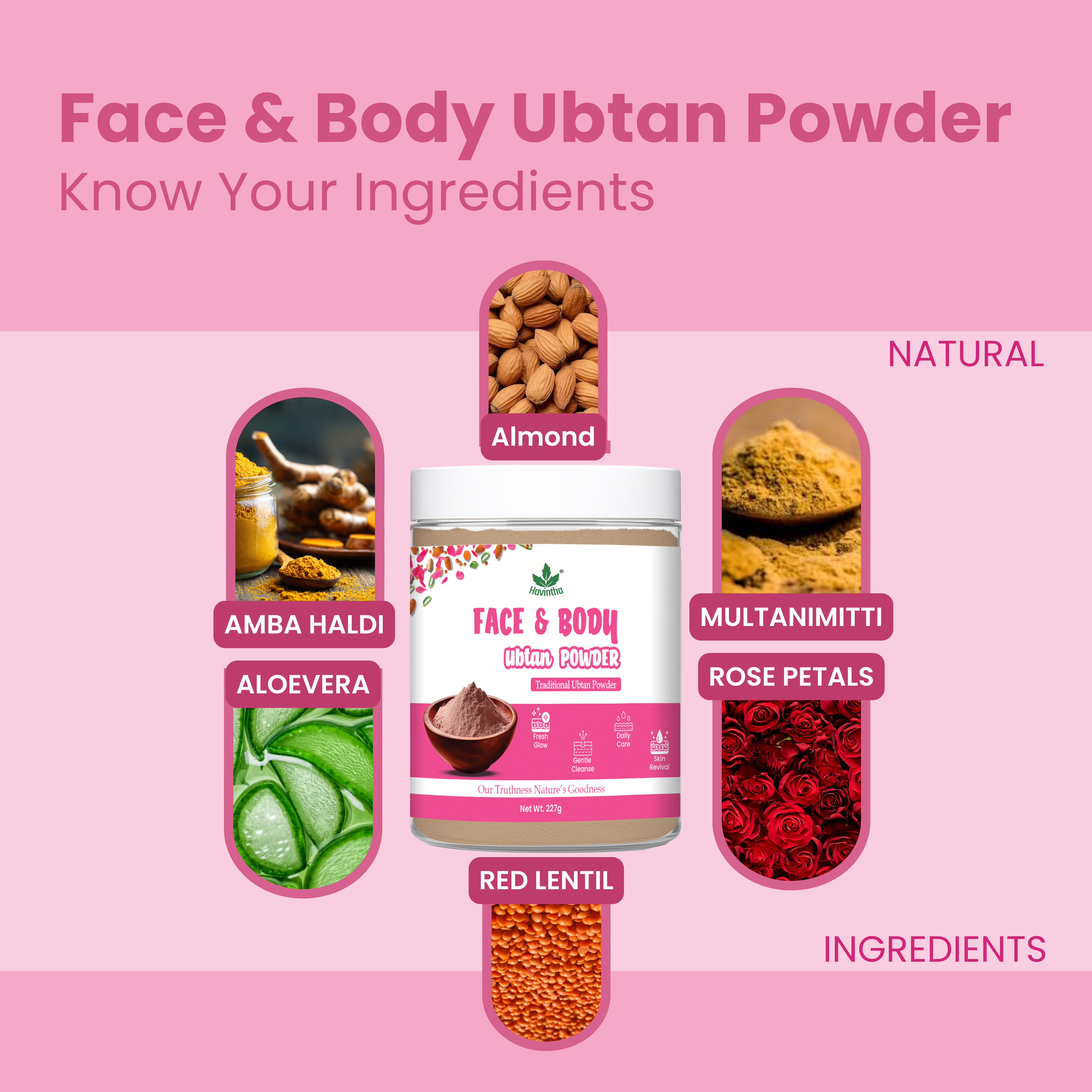 Havintha Natural Face and Body Ubtan Powder for All Skin Types (For Men and Women) - 227 gm