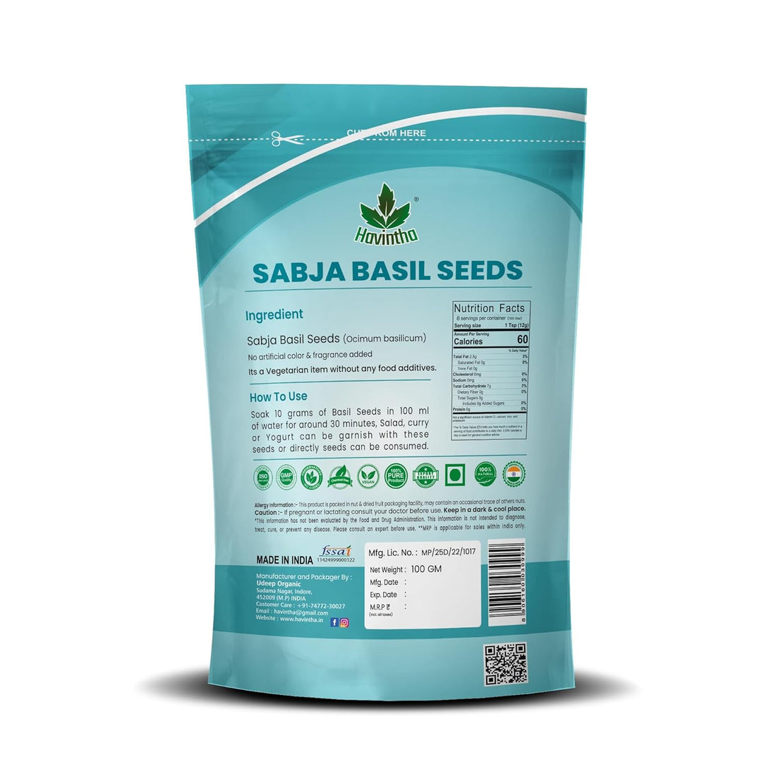 Havintha Sabja basil seeds for constipation diabetes heartburn bloating acidity weight loss - 227 grams