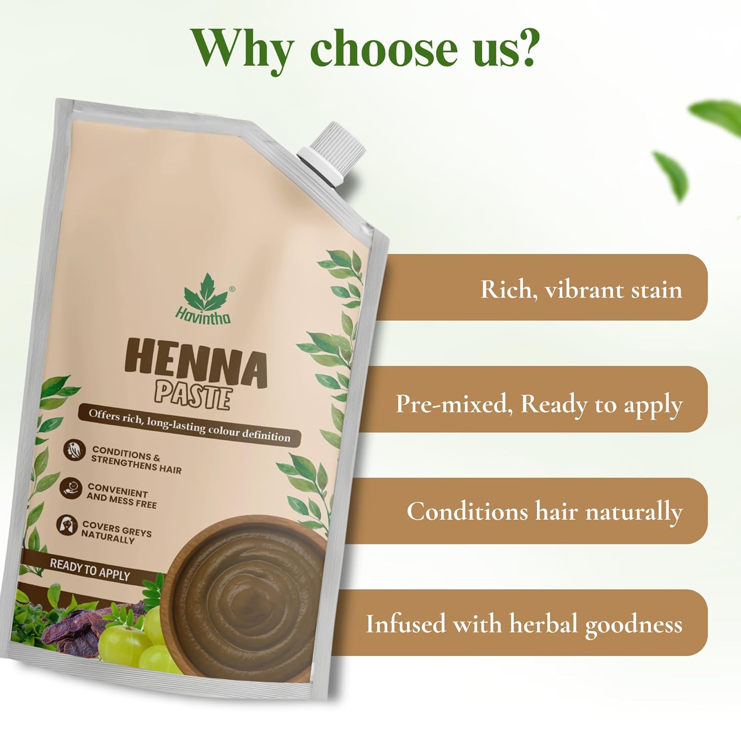 Havintha Natural Henna Paste for Hair – Pre-Mixed, Fresh Ready to Apply | Rajasthani Mehendi for Hair Color, Herbal Organic Mehndi – Safe for All Hair Types | Rich Brown Shade – Suitable for Men &amp; Women – 200g