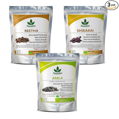 Havintha Amla, Reetha, Shikakai Powder Combo Pack of 3 for Healthy Hair ( Each 100 gm ) .