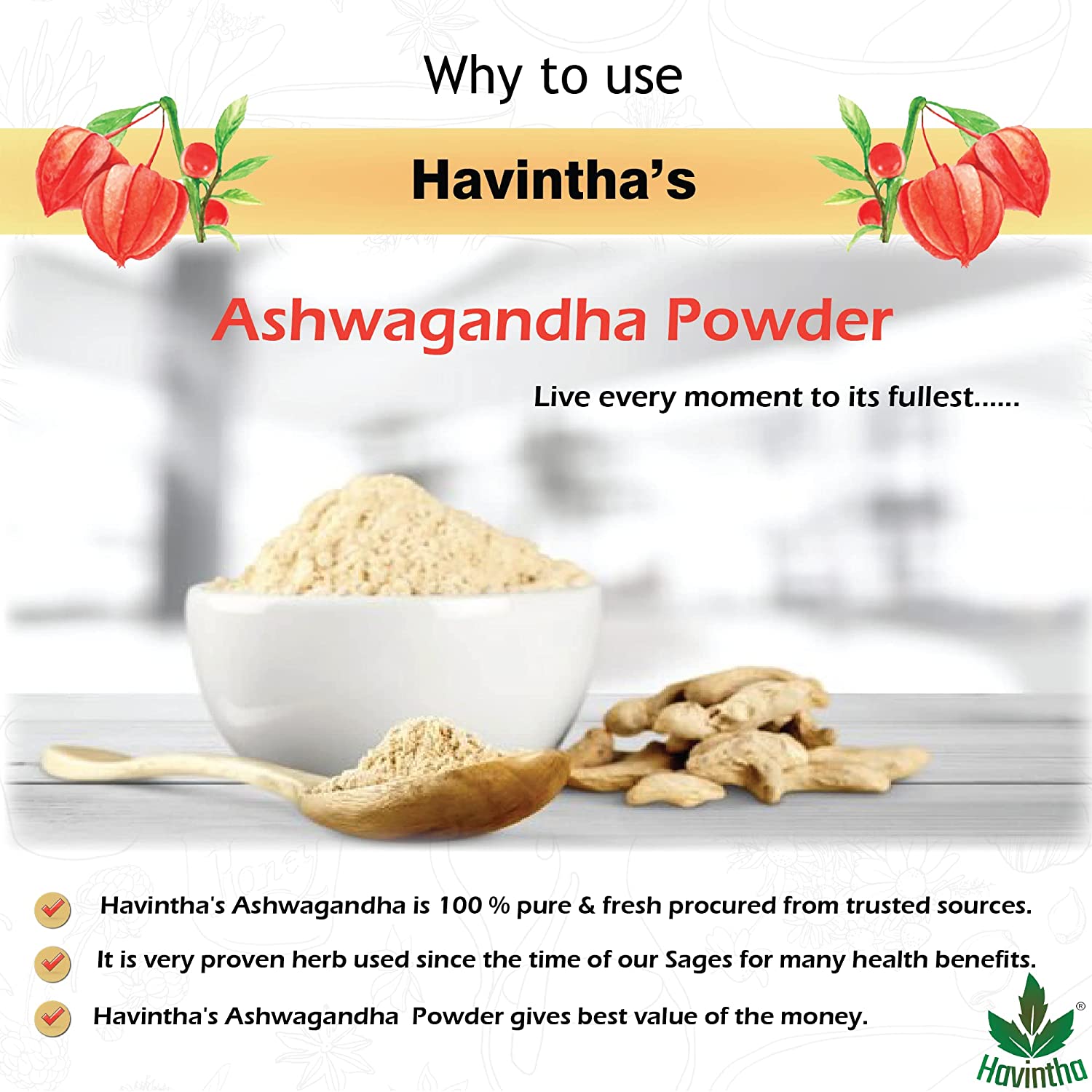 Havintha Natural Ashwagandha Powder | Helps Fight Anxiety and Support Health, Immunity Booster | Organic Ashwagandha Churna - 227 gm