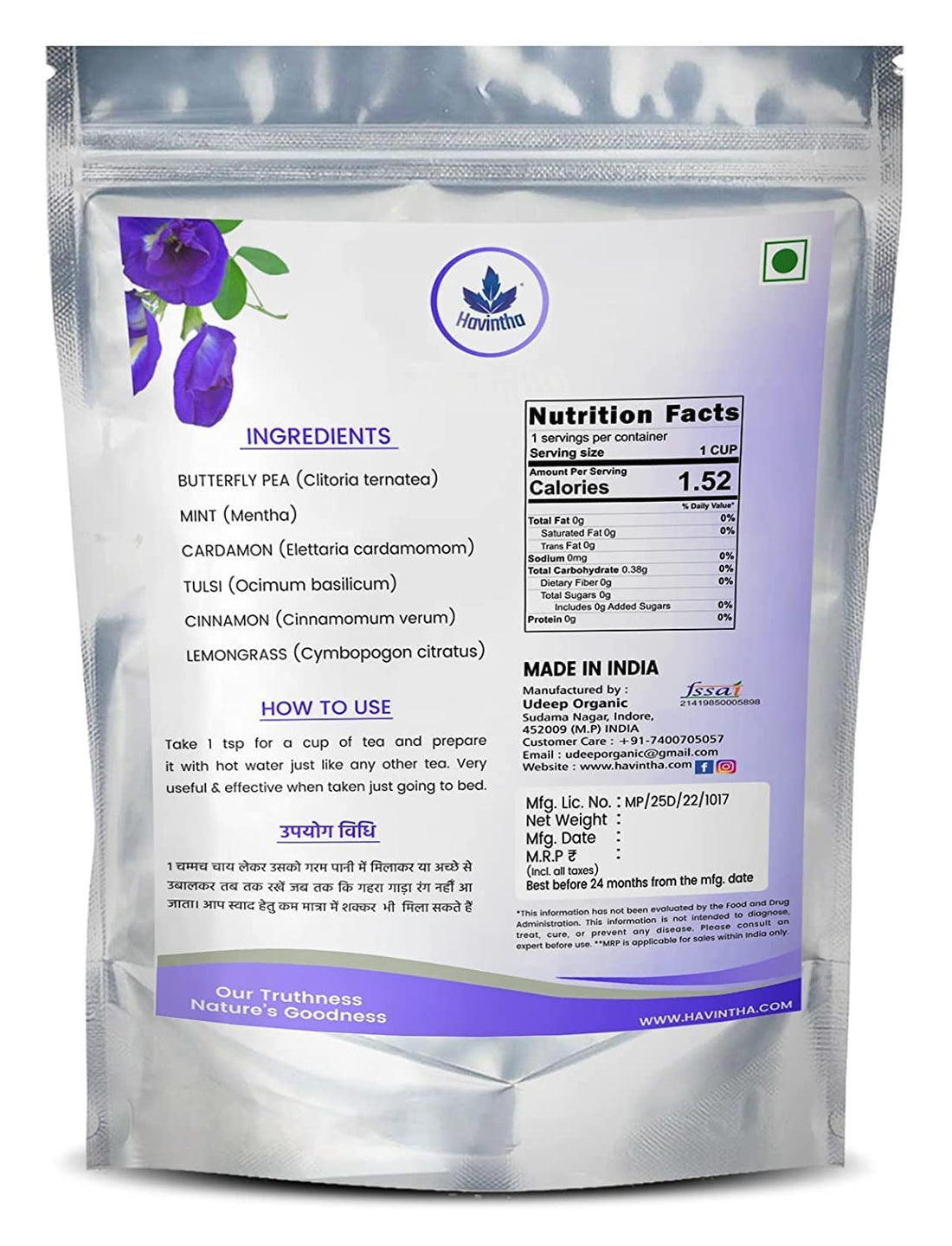 Havintha Natural Blue Tea - Butterfly Pea, Lemongrass, Tulsi, Cardamon, Cinnamon, and Mint - Vegan - Caffeine Free | Herbal Tea - 25 gm (50 Cups)