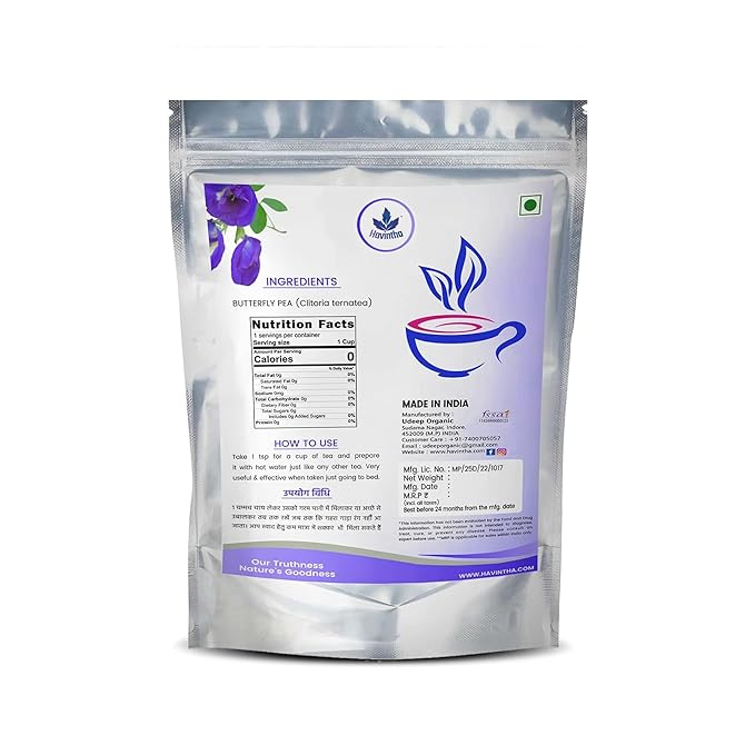 Havintha Natural Butterfly Pea Tea | Hot, Iced Butterfly Pea Flower Herbal Tea | Supports Skin &amp; Hair Health - Vegan - Caffeine Free - 25 gm (50 Cups)