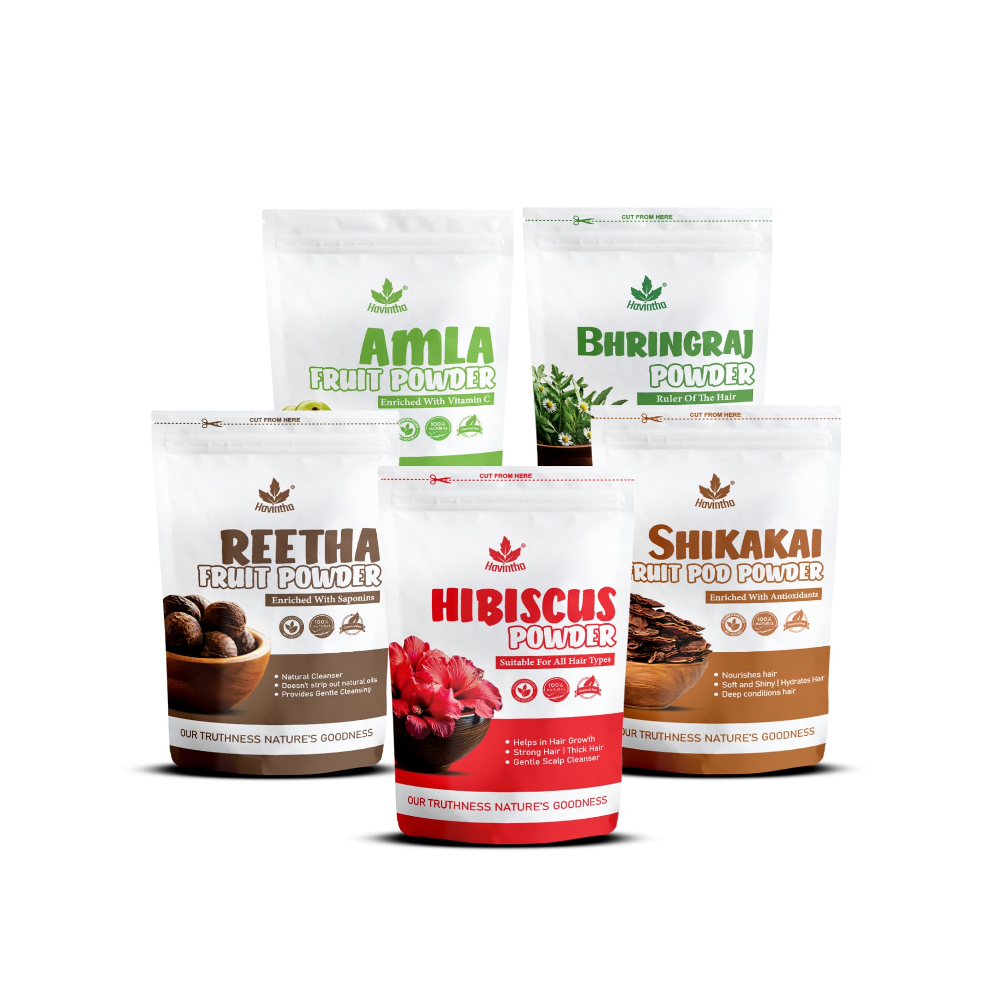 Havintha Amla, Reetha, Shikakai, Bhringraj &amp; Hibiscus Powder For Hair Care | Shiny Smoothning Hair Growth Powder | Nourishment Hair Of All Hair Type, 50Gram Each (Pack Of 5) Unscented