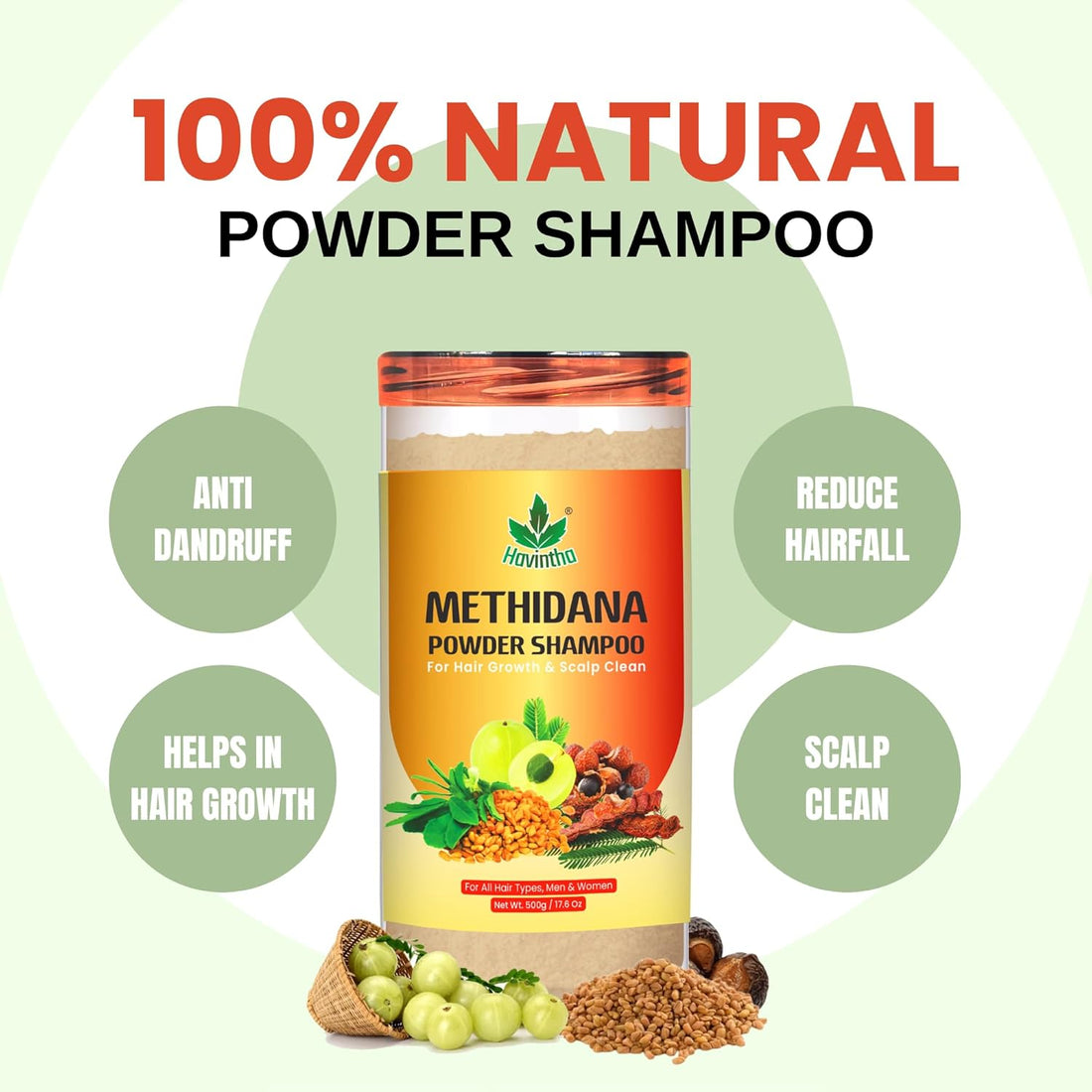 Havintha Natural Hair Shampoo With Herbal Amla Reetha Shikakai And Methi Dana Powder For Men &amp; Women, Totally Organic | Paraben And Sulphate Free Shampoo - 500gm