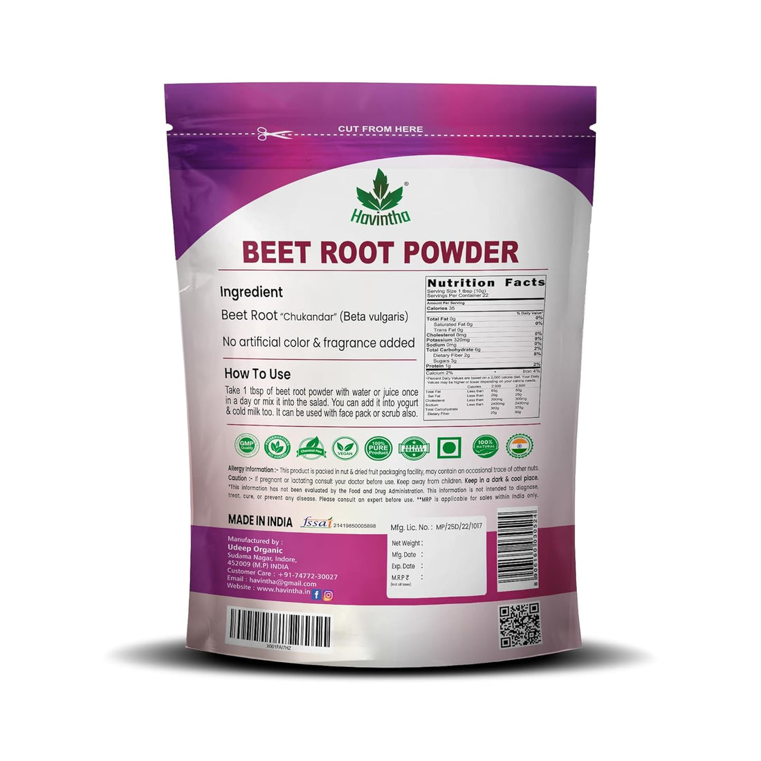 Havintha Natural Beet Root Powder Improves Heart Health and Blood Pressure - 227g