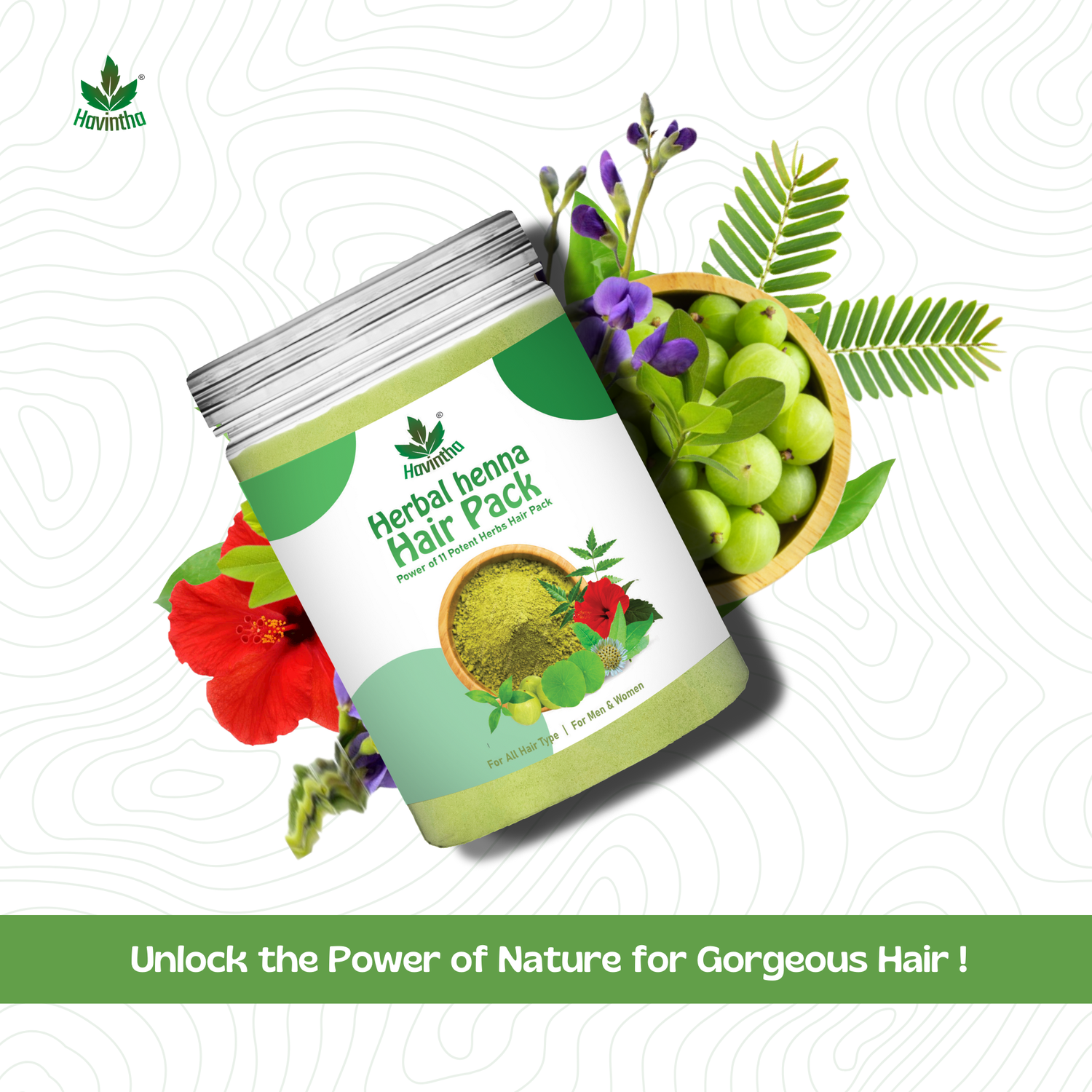 Havintha Herbal Henna Powder | Natural Hair Color | With Amla, Hibiscus, Neem, Green Tea | 250 Grams (JAR)