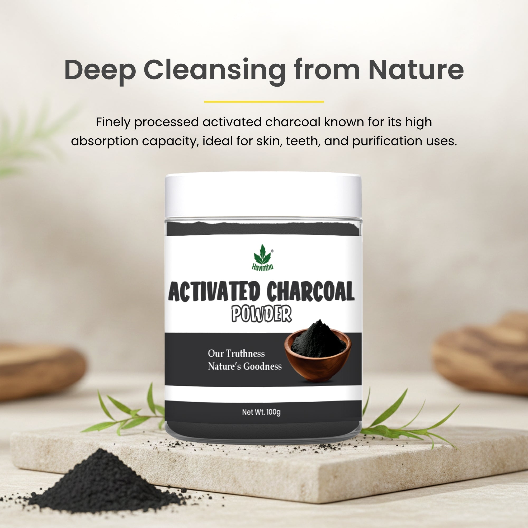 Havintha 100% Natural Activated Charcoal Powder for Skin, Face Pack, Removes Dead Skin and Natural Detoxifier for Your Body, 100 g