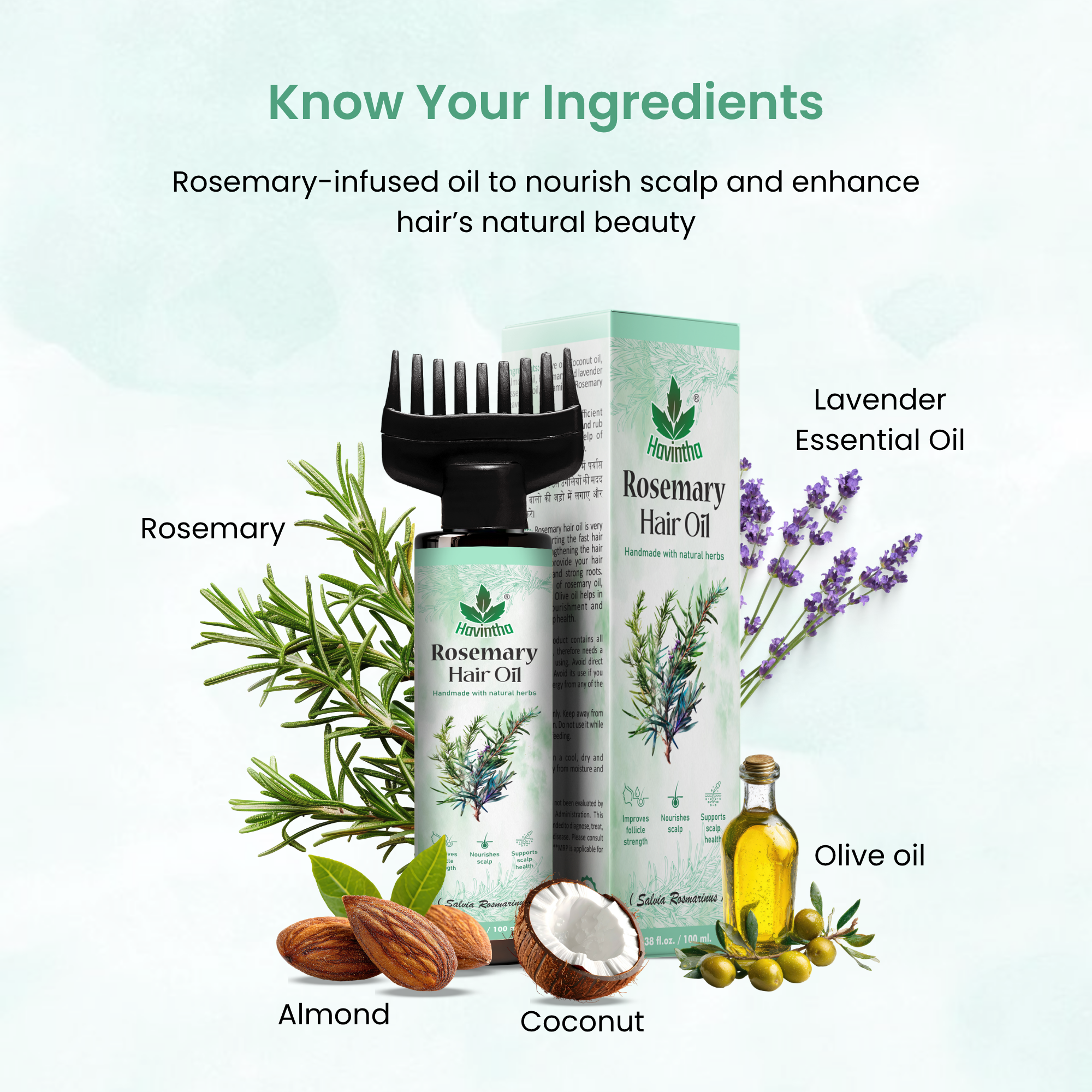 Havintha Organic Rosemary Hair Oil | For Hair Growth &amp; Reduced Hair Fall | Natural Scalp Care for Men &amp; Women | Nourish &amp; Strengthen Your Hair Naturally