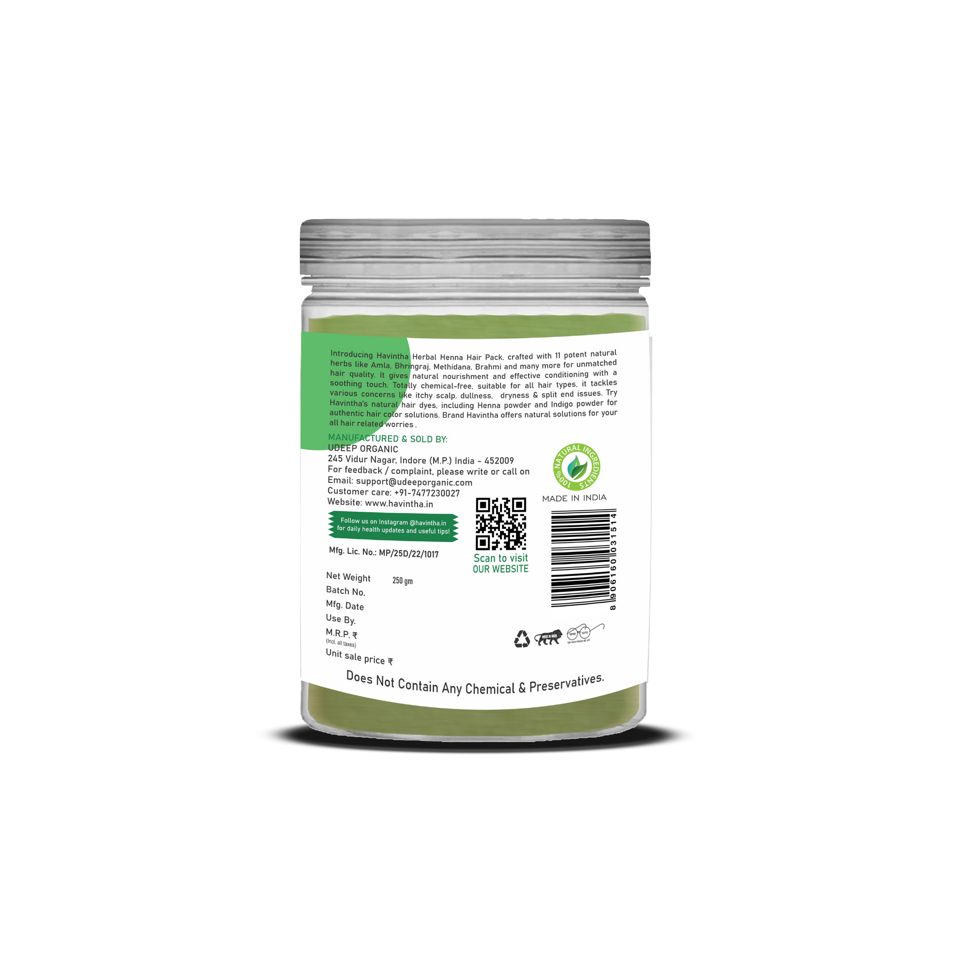 Havintha Herbal Henna Powder | Natural Hair Color | With Amla, Hibiscus, Neem, Green Tea | 250 Grams (JAR)